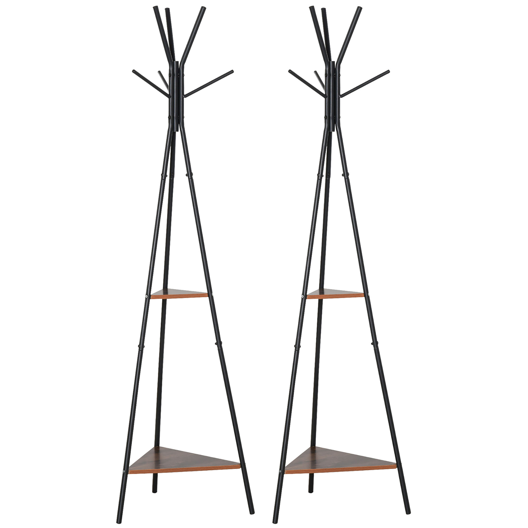 HOMCOM Lot de 2 porte-manteaux trépied meuble d'entrée style industriel branches 2 étagères + 6 patères métal noir