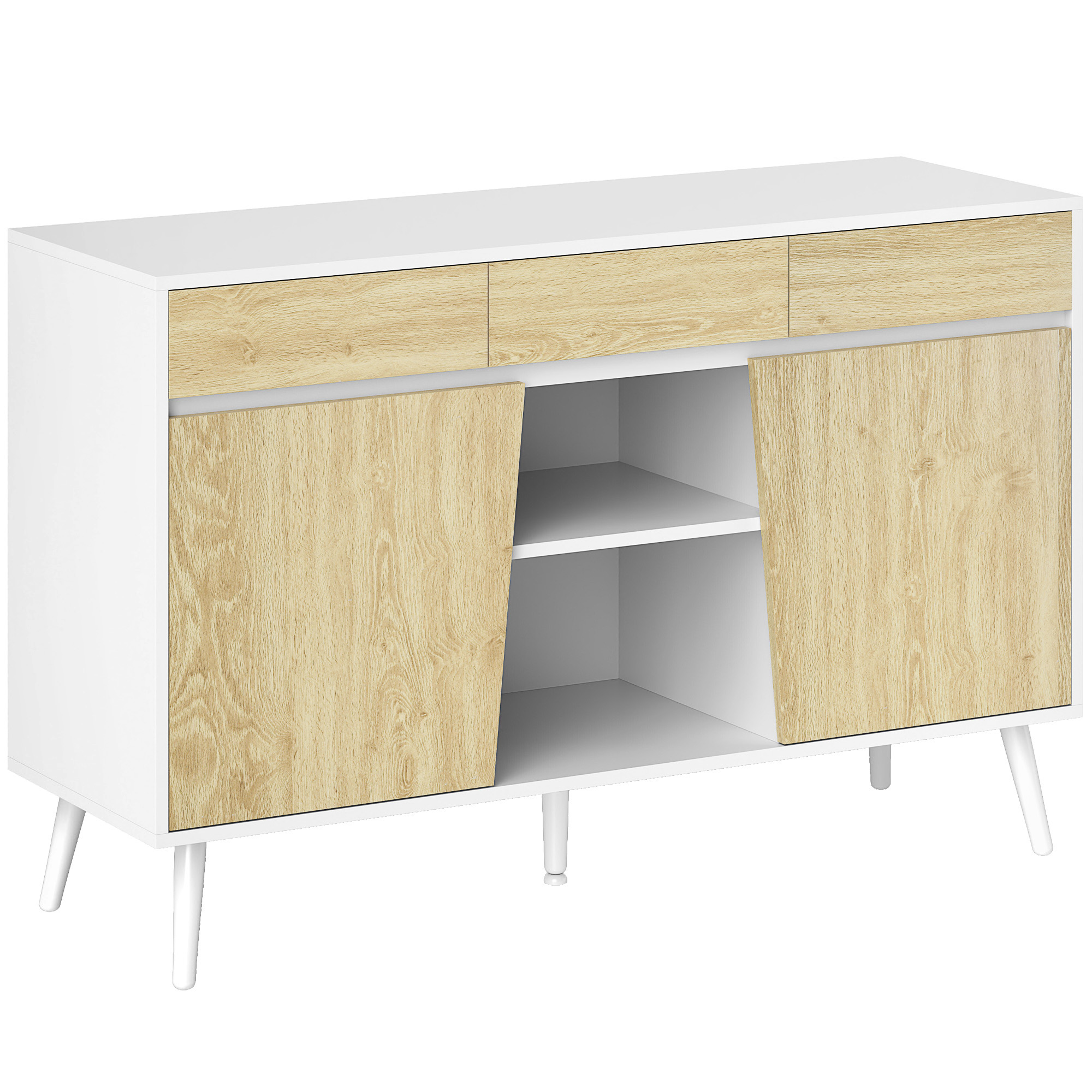 HOMCOM Aparador Moderno con Cajones Estantes Abiertos y Almacenaje Ajustable Para Sala o Comedor 120x39x77 cm Blanco y Natural