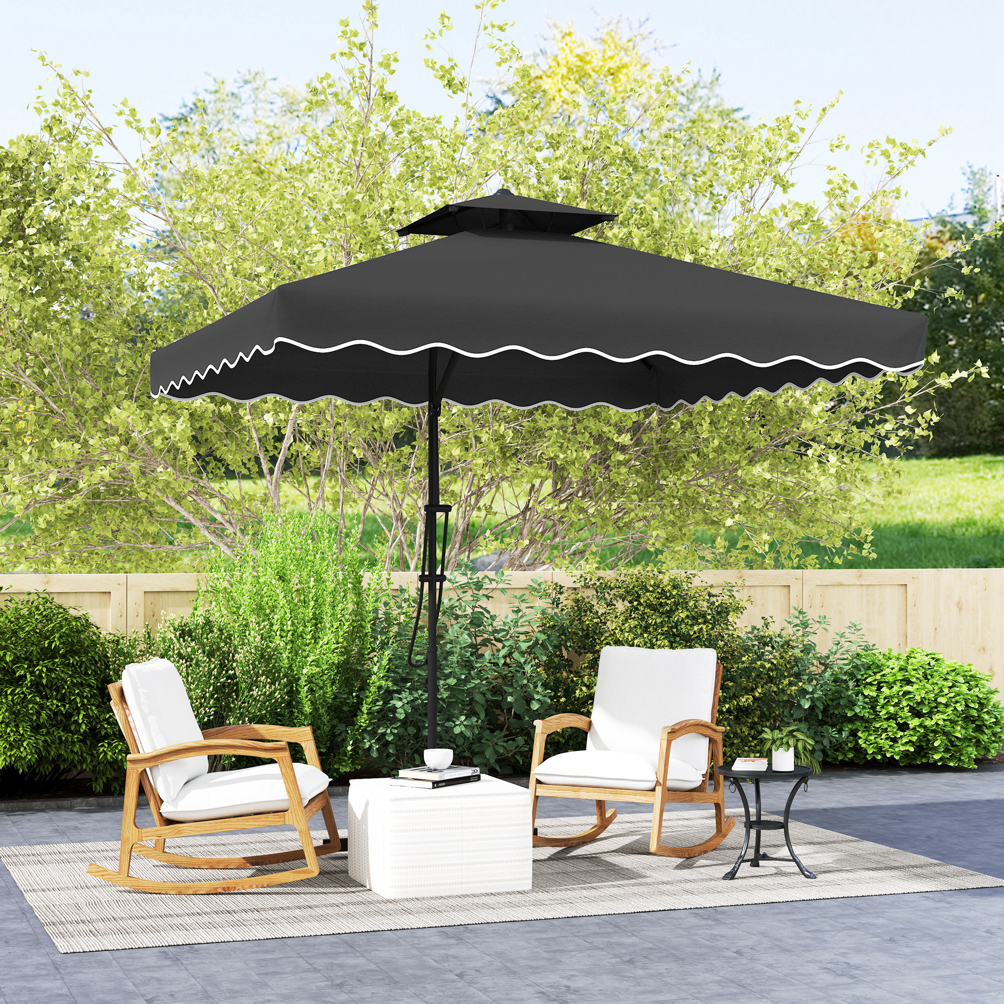 Outsunny 2.5m Cantilever Parasol with Easy Lever, Square Double Top Garden Parasol Umbrella with Ruffles and Cross Base, Overhanging Outdoor Sun Shades, Black 8