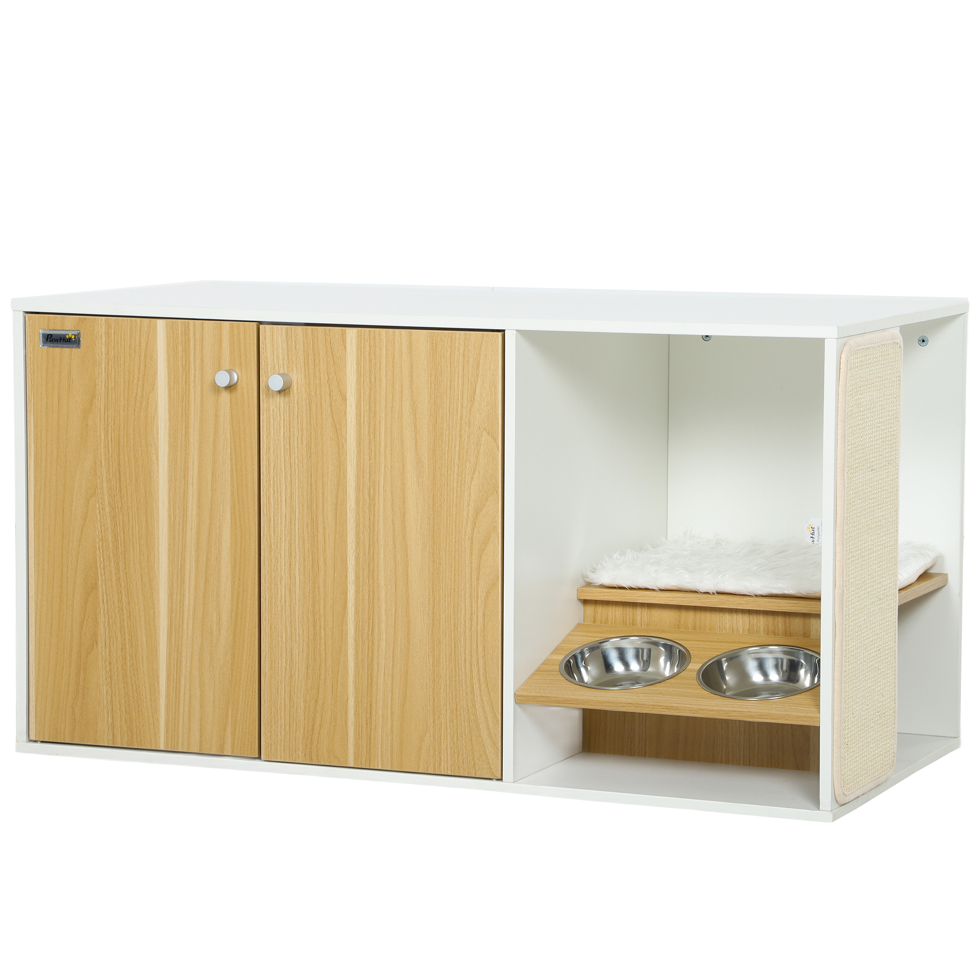 PawHut Mueble Arenero para Gatos 3 en 1 con Puertas Cojín Tazones y Estera para Rascar 95x48x50,5 cm Blanco y Roble