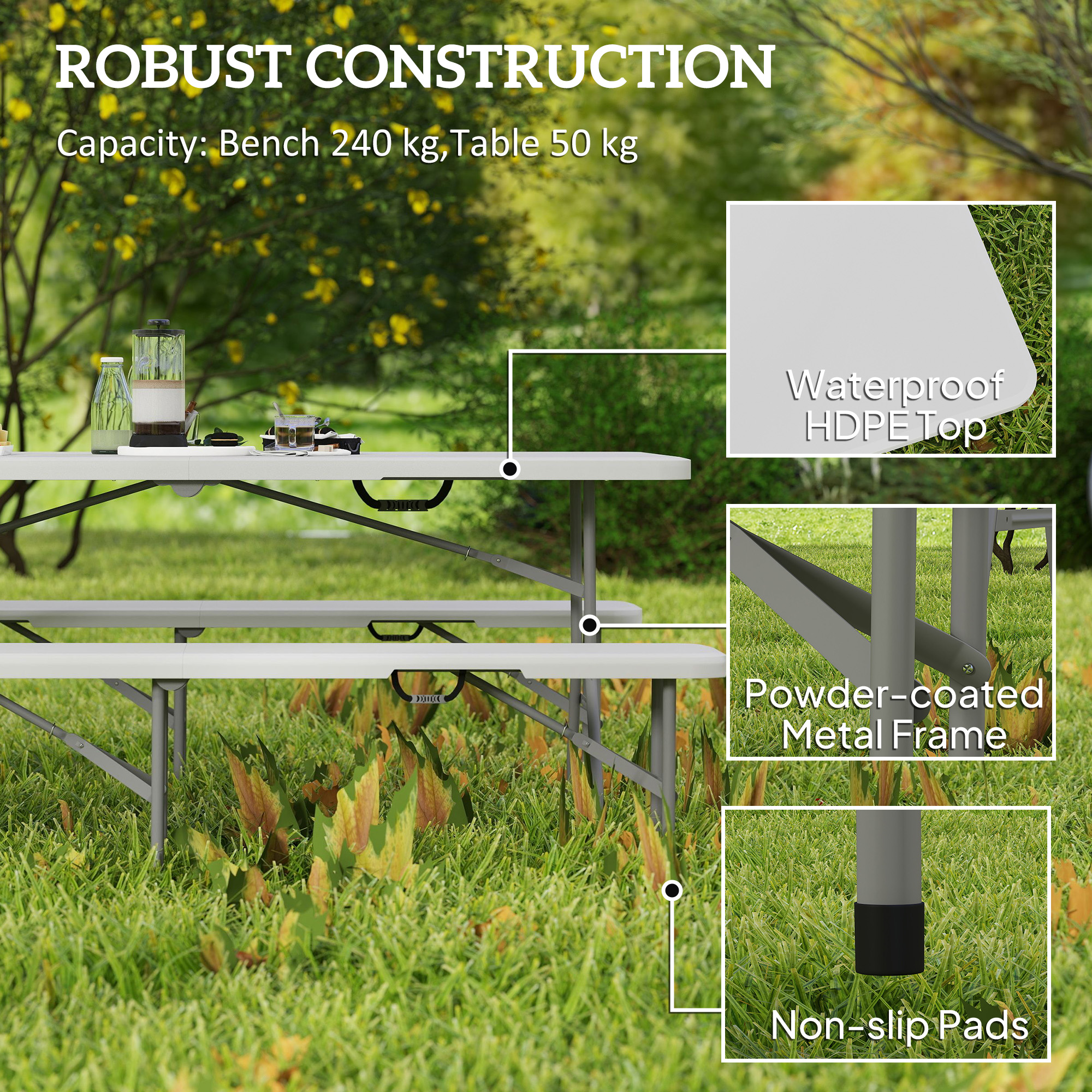 Outsunny Three-Piece Folding Picnic Table and Bench Set White 4