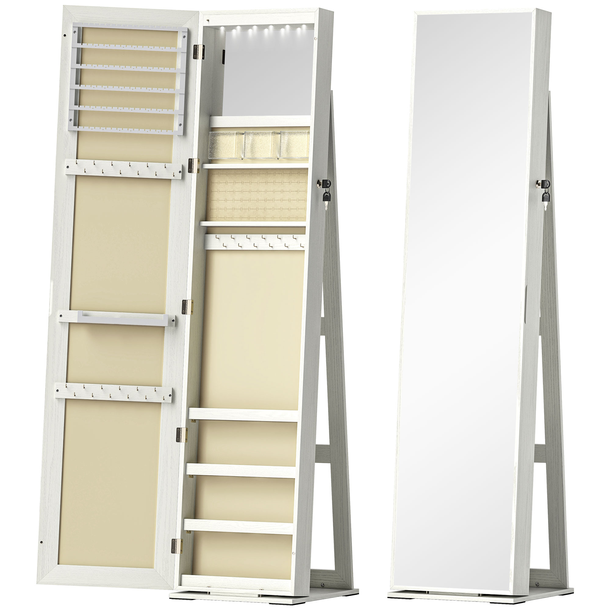 HOMCOM Armario Joyero con Luces LED y Cerradura Espejo Integrada Blanco con Veta de Madera