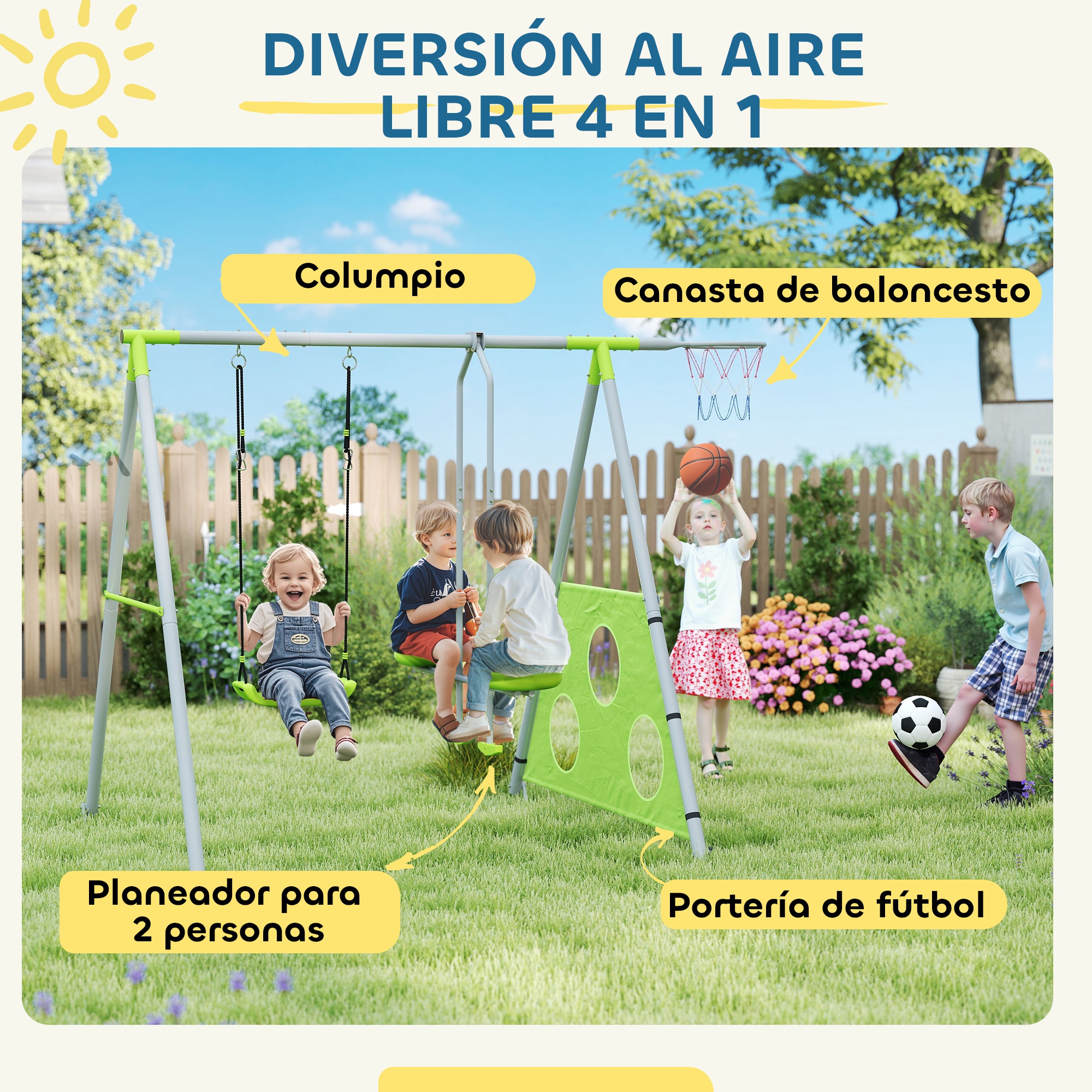AIYAPLAY Columpio 6 En 1 Para Niños +3 Años – Con Nido, Cuerda Con Disco, Red De Escalar, Escalera Y Aro De Baloncesto – Multicolor Para Jardín