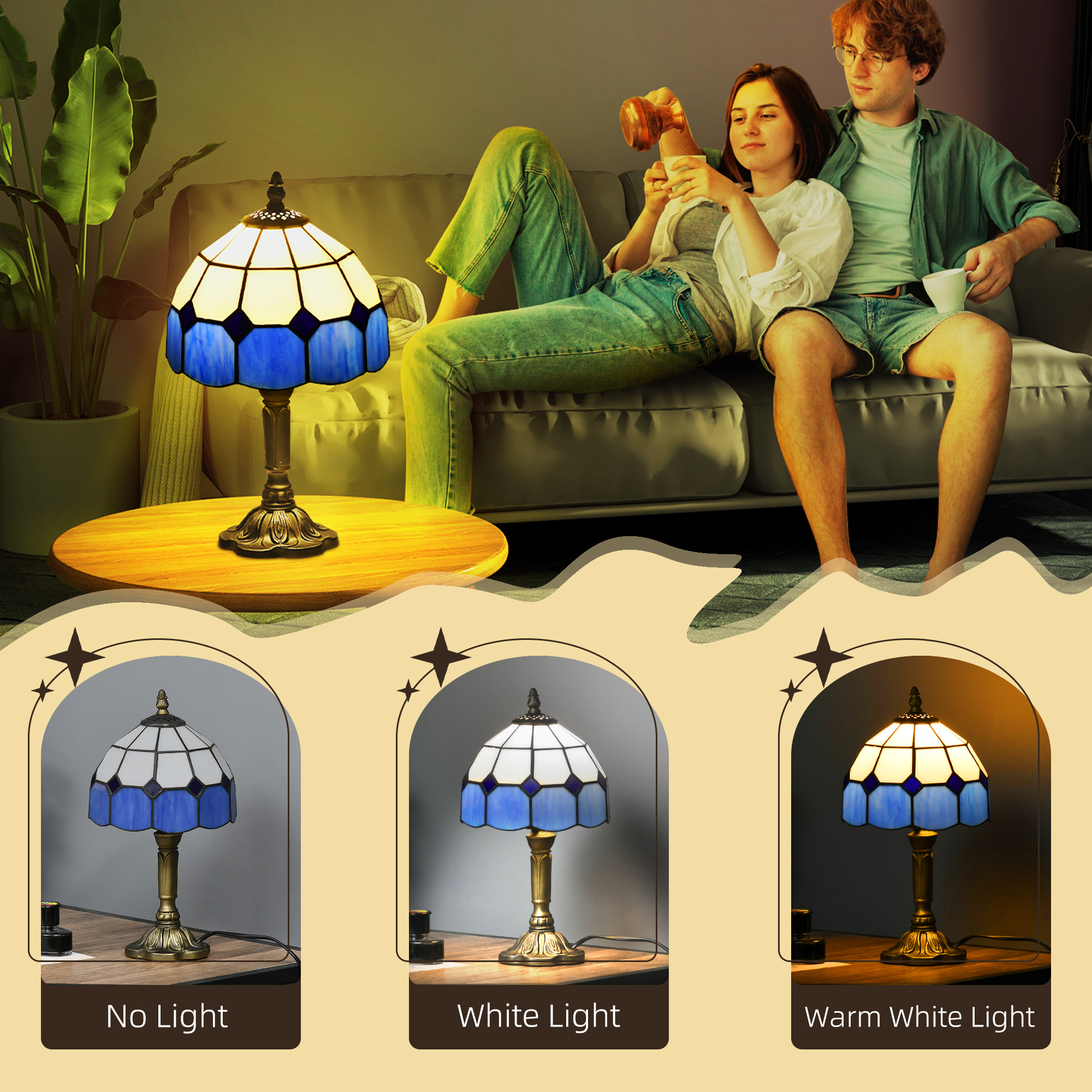 HOMCOM Handmade Stained Glass Table Lamp, Antique Bedside Lamp for Bedroom, Living room, Home, Nightstand, Decorative Night Light, Blue 5