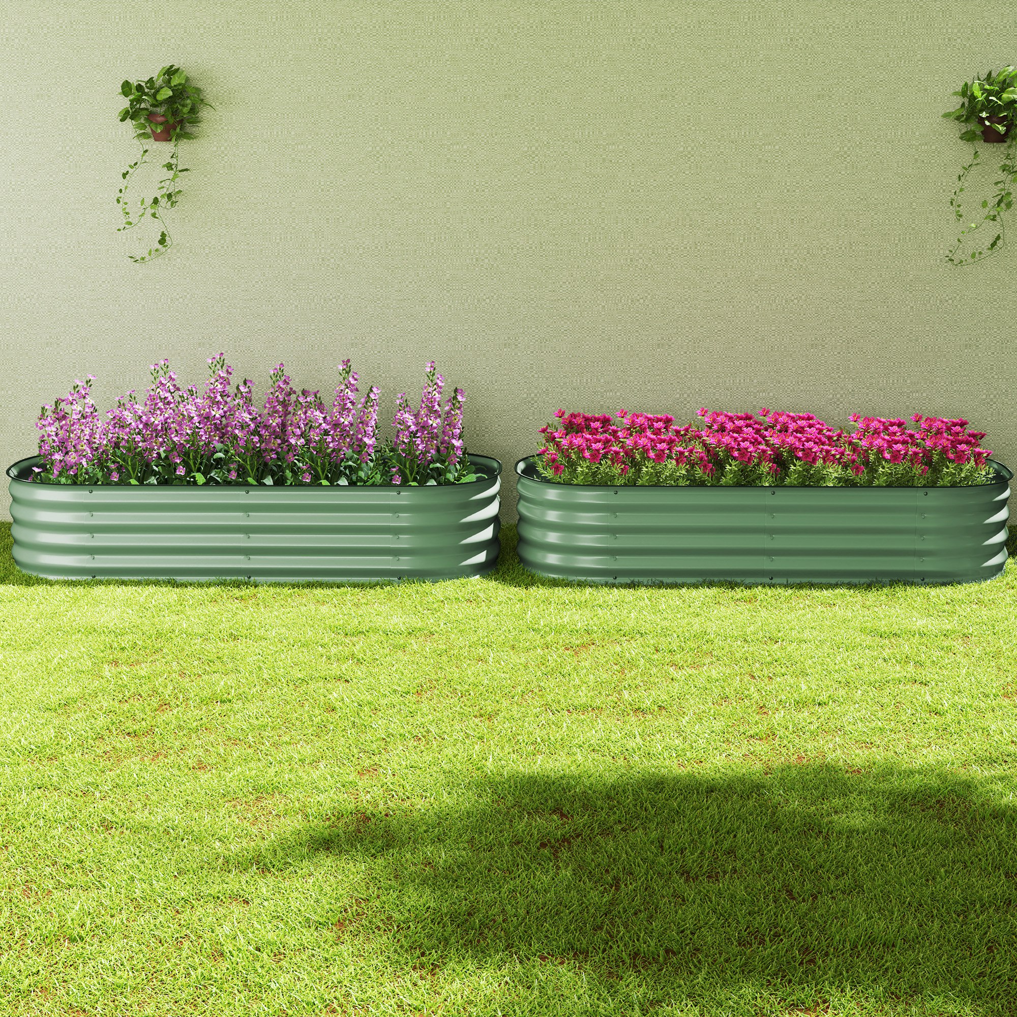 Outsunny Galvanised Raised Garden Bed, Metal Planter Box with Safety Edging, for Flowers, Herbs, Succulents, Pack of 2, Green 9