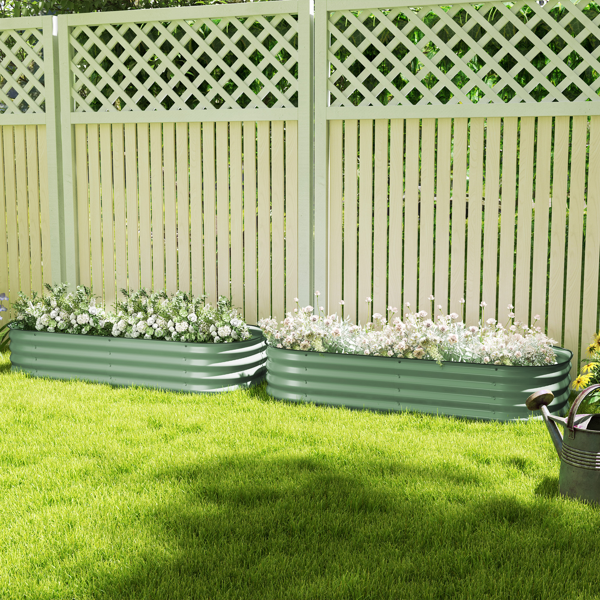 Outsunny Galvanised Raised Garden Bed, Metal Planter Box with Safety Edging, for Flowers, Herbs, Succulents, Pack of 2, Green 2