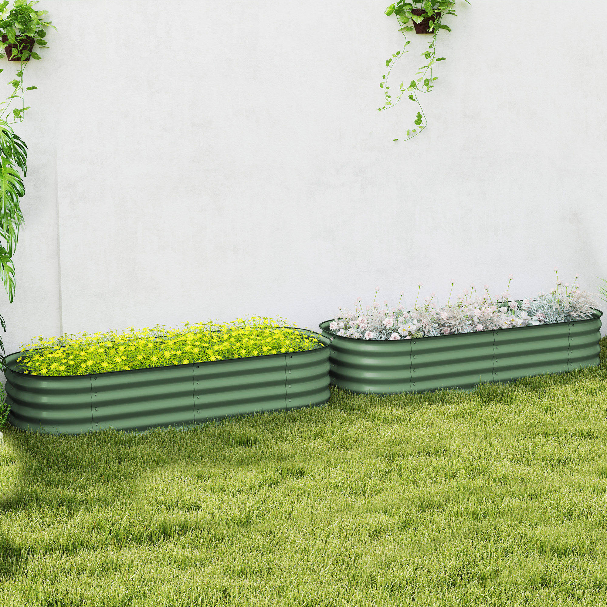Outsunny Galvanised Raised Garden Bed, Metal Planter Box with Safety Edging, for Flowers, Herbs, Succulents, Pack of 2, Green 8