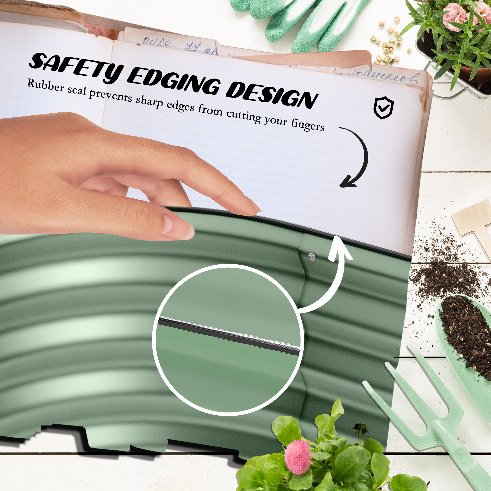 Outsunny Galvanised Raised Garden Bed, Metal Planter Box with Safety Edging, for Flowers, Herbs, Succulents, Pack of 2, Green 6