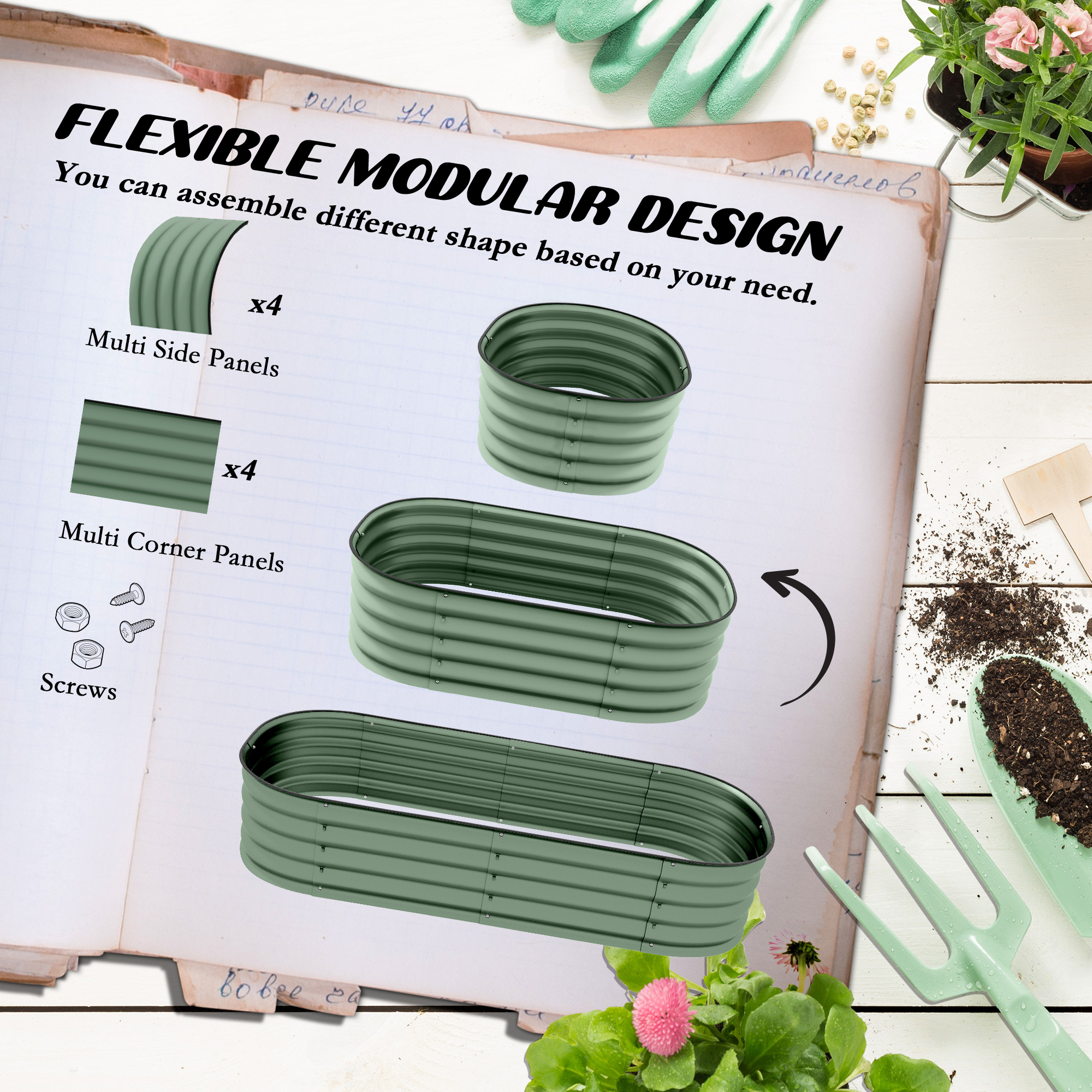 Outsunny Galvanised Raised Garden Bed, Metal Planter Box with Safety Edging, for Flowers, Herbs, Succulents, Pack of 2, Green 4