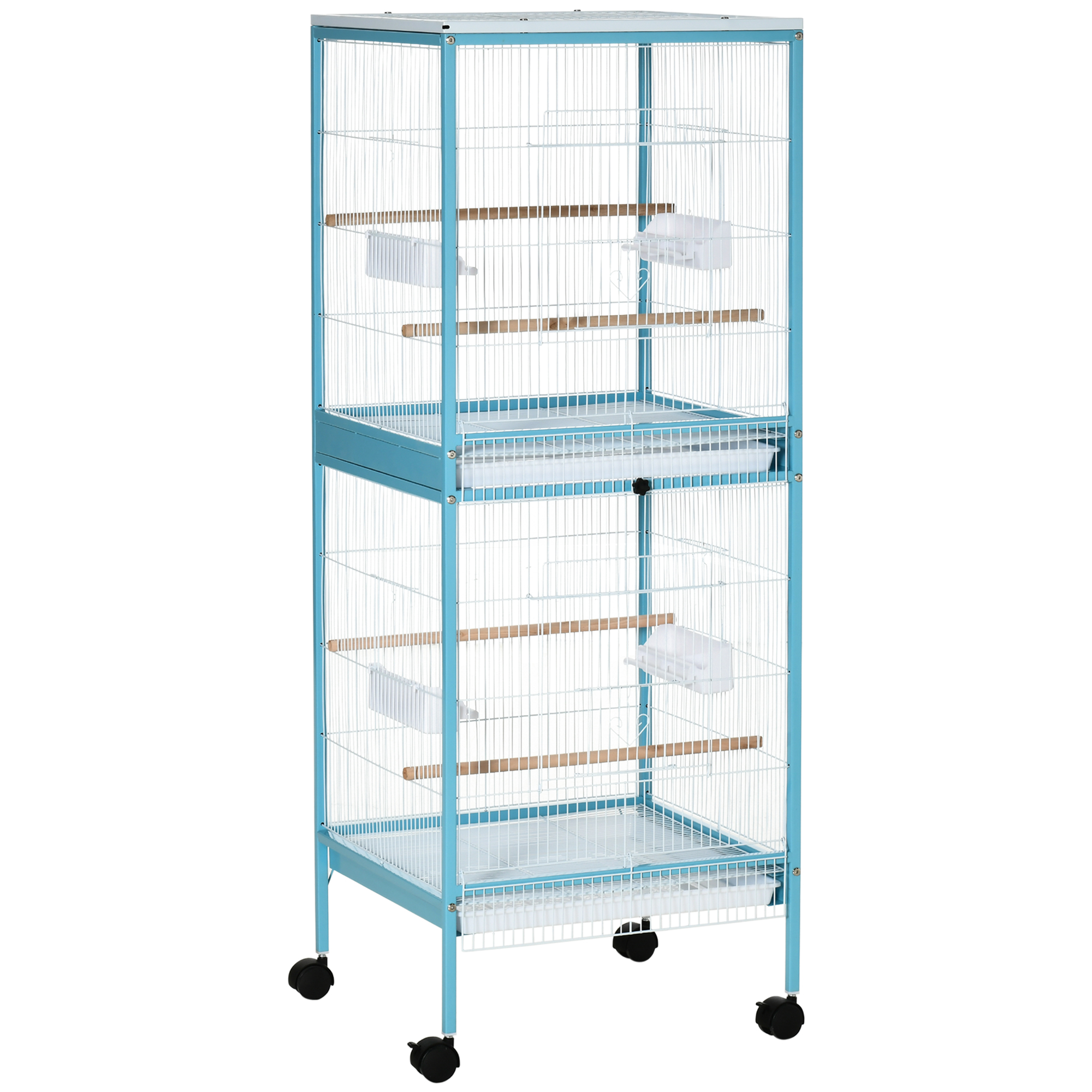 PawHut Gaiola para Pássaros com Rodas de 2 Níveis com Bandejas Removíveis Portas Comedouros Poleiros 51,5x50x140 cm Azul