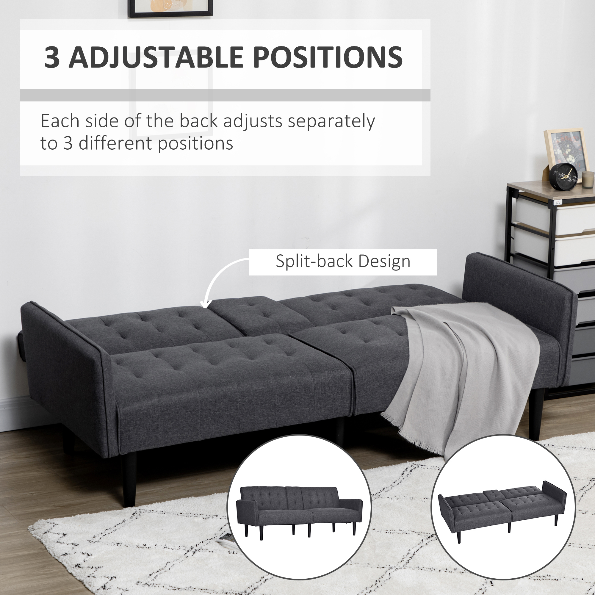 HOMCOM Three-Seater Sofa Bed, with Cupholders Grey 6