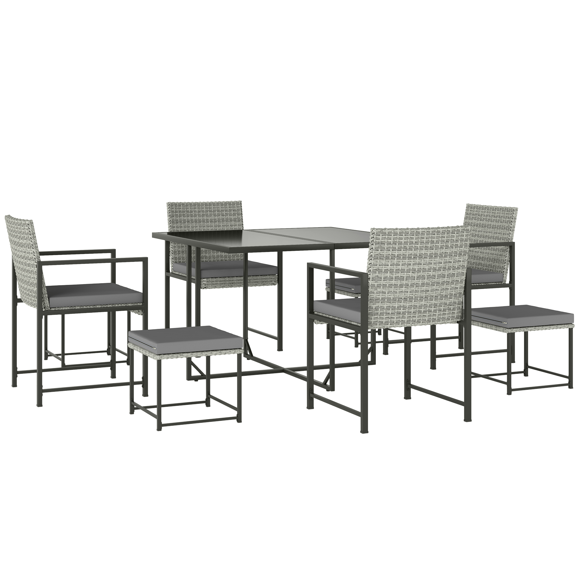 Outsunny Conjunto de Jardín Exterior de 9 Piezas de Ratán Sintético con Mesa de Vidrio 4 Sillas y 4 Taburetes con Cojines Gris