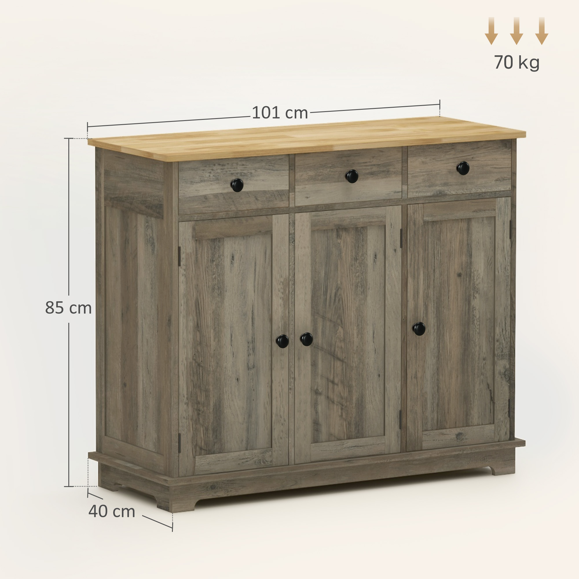 HOMCOM Sideboard with Rubber Wood Top, Modern Storage Cabinet, Kitchen Cupboard with 3 Doors, 3 Drawers and 3 Adjustable Shelves for Dining Room, Living Room, Grey Wood-Effect 3