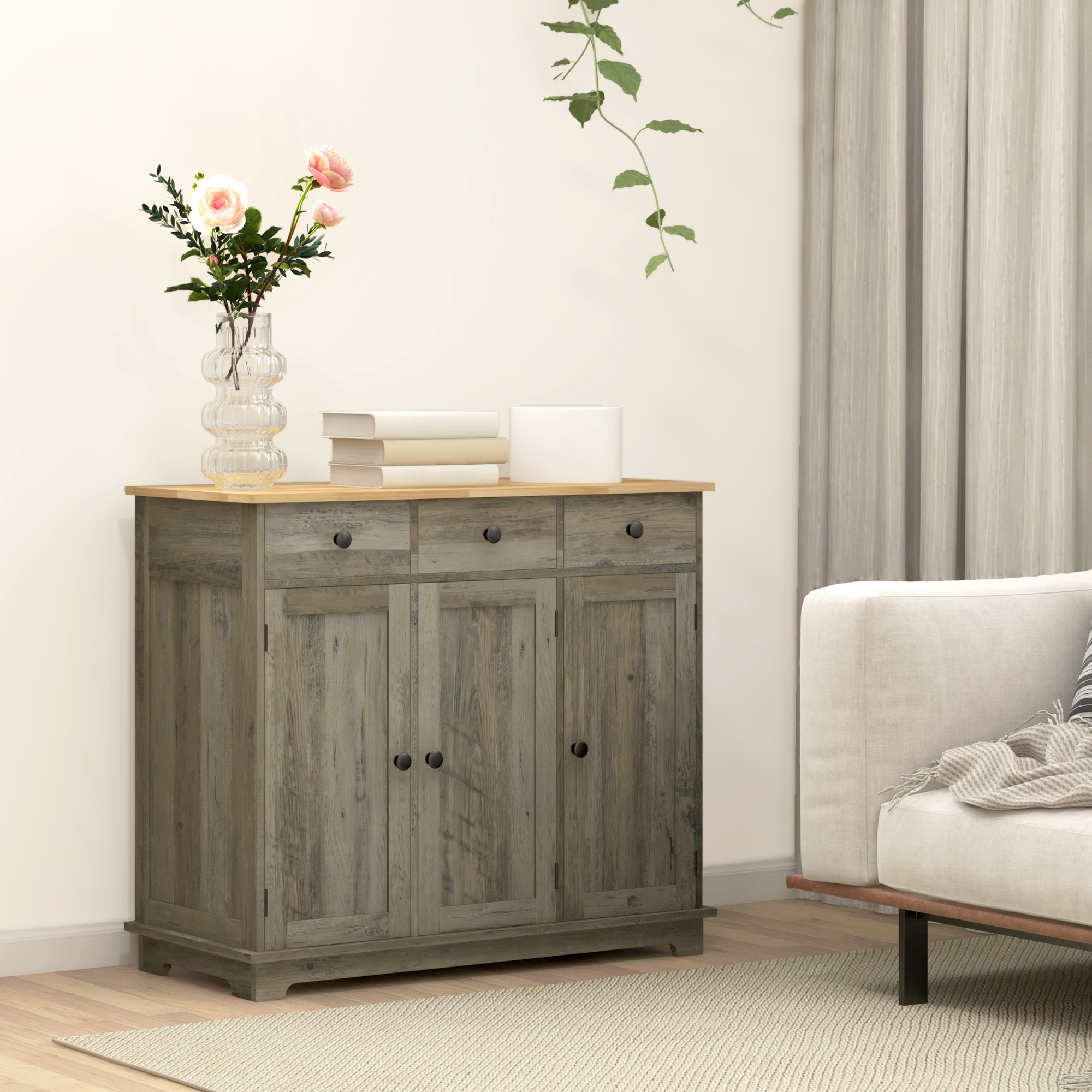 HOMCOM Sideboard with Rubber Wood Top, Modern Storage Cabinet, Kitchen Cupboard with 3 Doors, 3 Drawers and 3 Adjustable Shelves for Dining Room, Living Room, Grey Wood-Effect 8