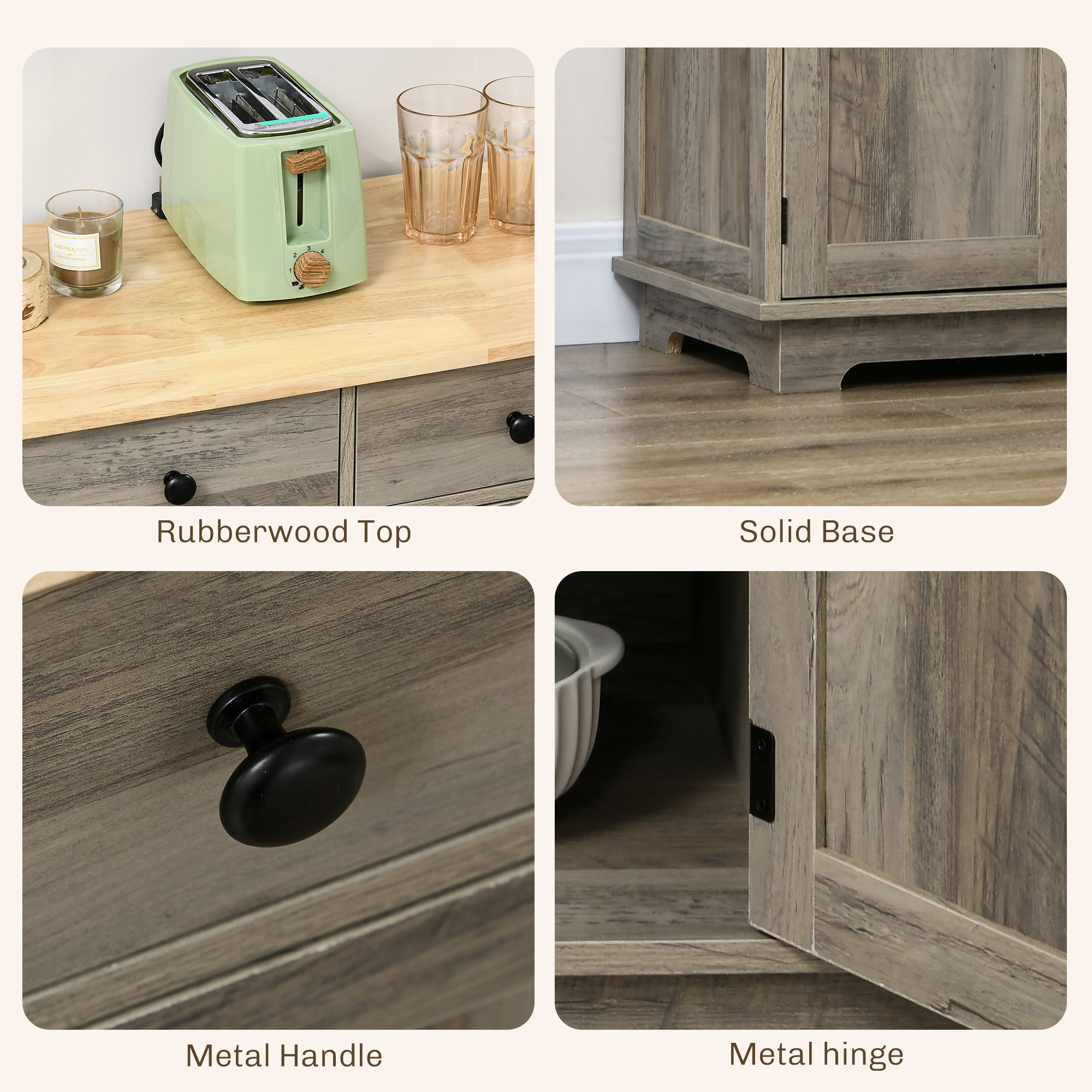 HOMCOM Sideboard with Rubber Wood Top, Modern Storage Cabinet, Kitchen Cupboard with 3 Doors, 3 Drawers and 3 Adjustable Shelves for Dining Room, Living Room, Grey Wood-Effect 6