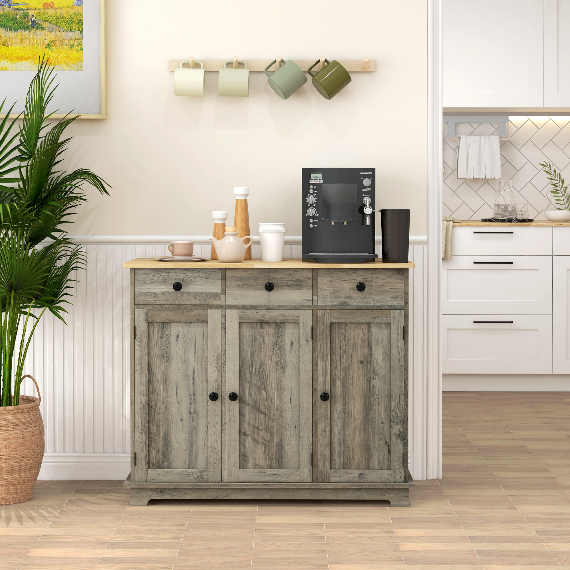 HOMCOM Sideboard with Rubber Wood Top, Modern Storage Cabinet, Kitchen Cupboard with 3 Doors, 3 Drawers and 3 Adjustable Shelves for Dining Room, Living Room, Grey Wood-Effect 2
