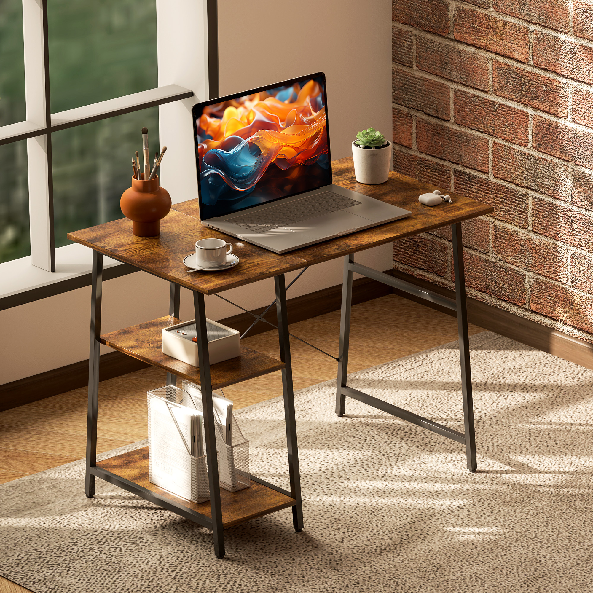 HOMCOM 100cm Computer Desk with Storage, Industrial Home Office Desk with 2 Tier Shelves and Steel Frame, Computer Table for Study Room, Rustic Brown 9