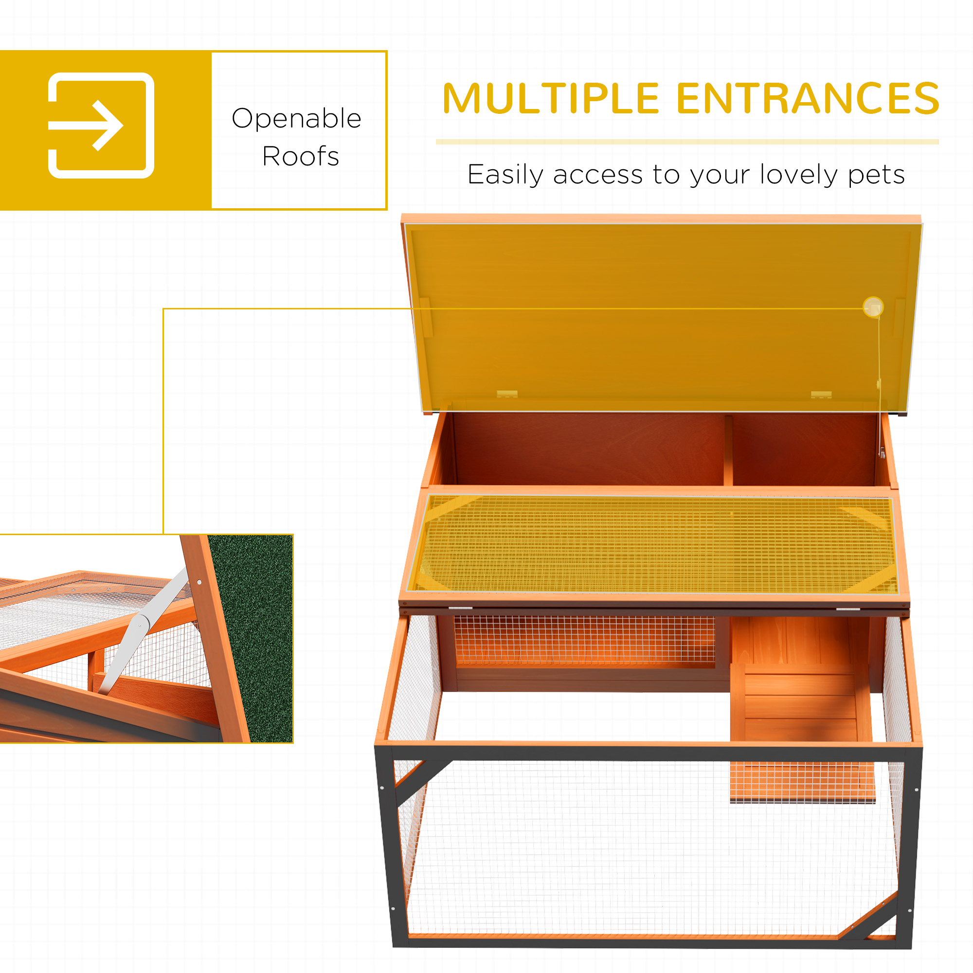 PawHut Rabbit Hutch Outdoor Guinea Pig Hutch with Run Small Animal Off-ground Duck House Hideaway Backyard with Openable Roof 125.5 x 100 x 49cm Orange 5