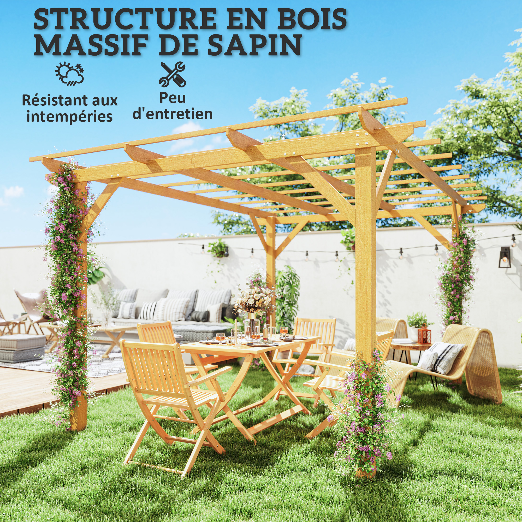 Pergola En Bois De Sapin 4x3 M (10m²) - Autoportante, Traditionnelle - Pour Jardin, Terrasse - Marron