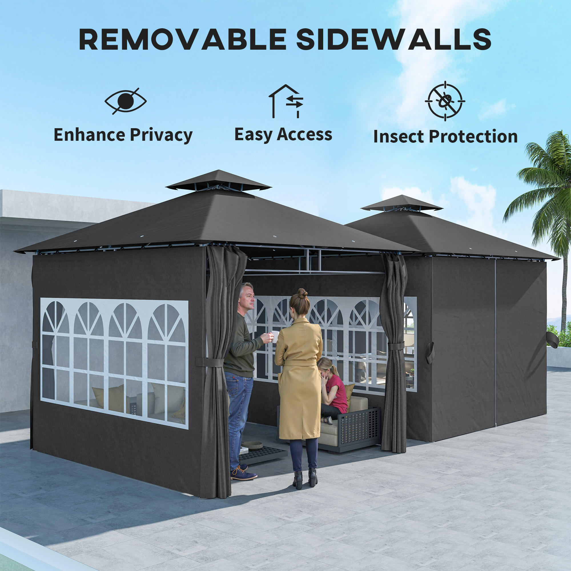 Outsunny 3 x 3 m Garden Gazebo, Double Roof Metal Gazebo with Removable Sidewalls and Church Windows, Outdoor Canopy Shelter, Dark Grey 7