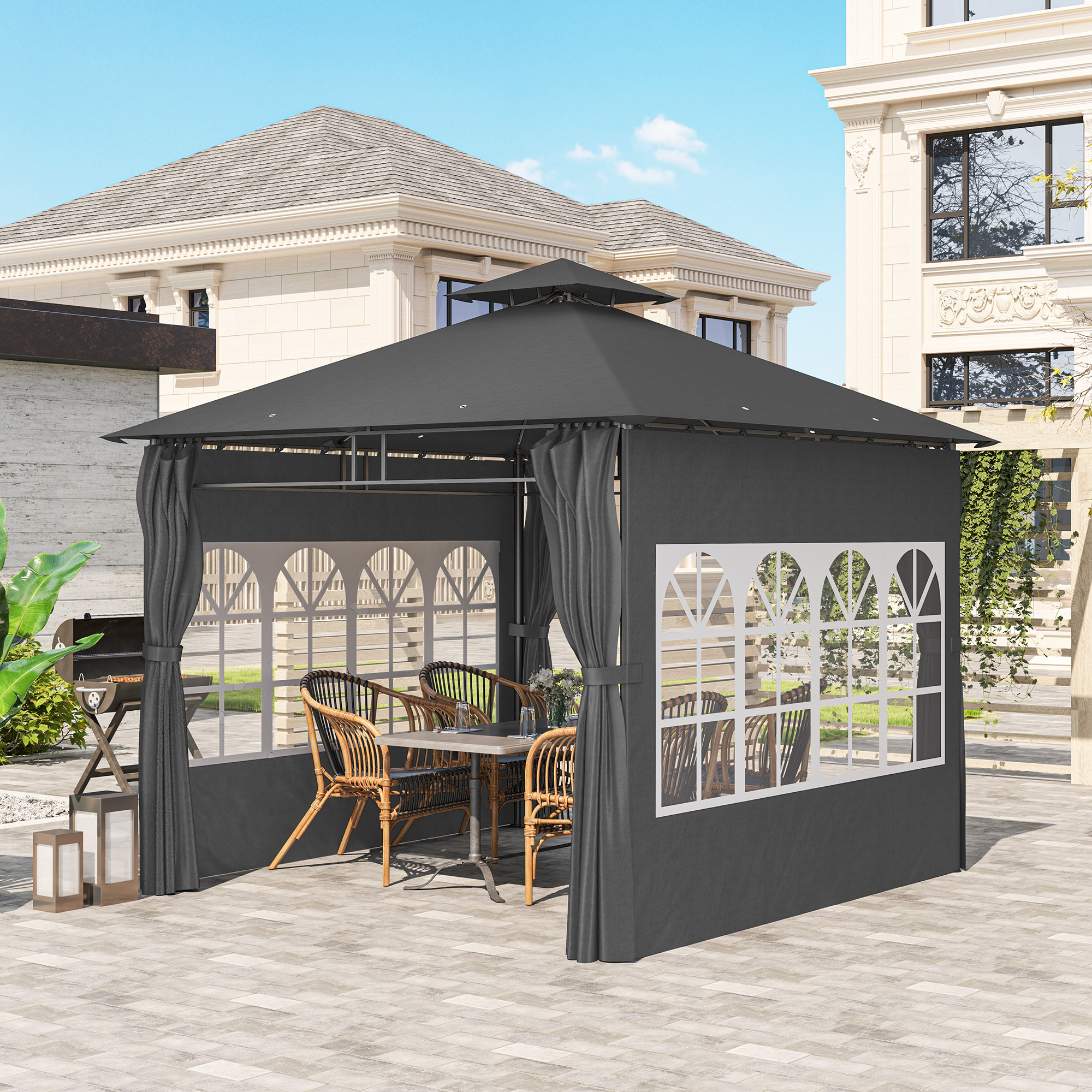 Outsunny 3 x 3 m Garden Gazebo, Double Roof Metal Gazebo with Removable Sidewalls and Church Windows, Outdoor Canopy Shelter, Dark Grey 9
