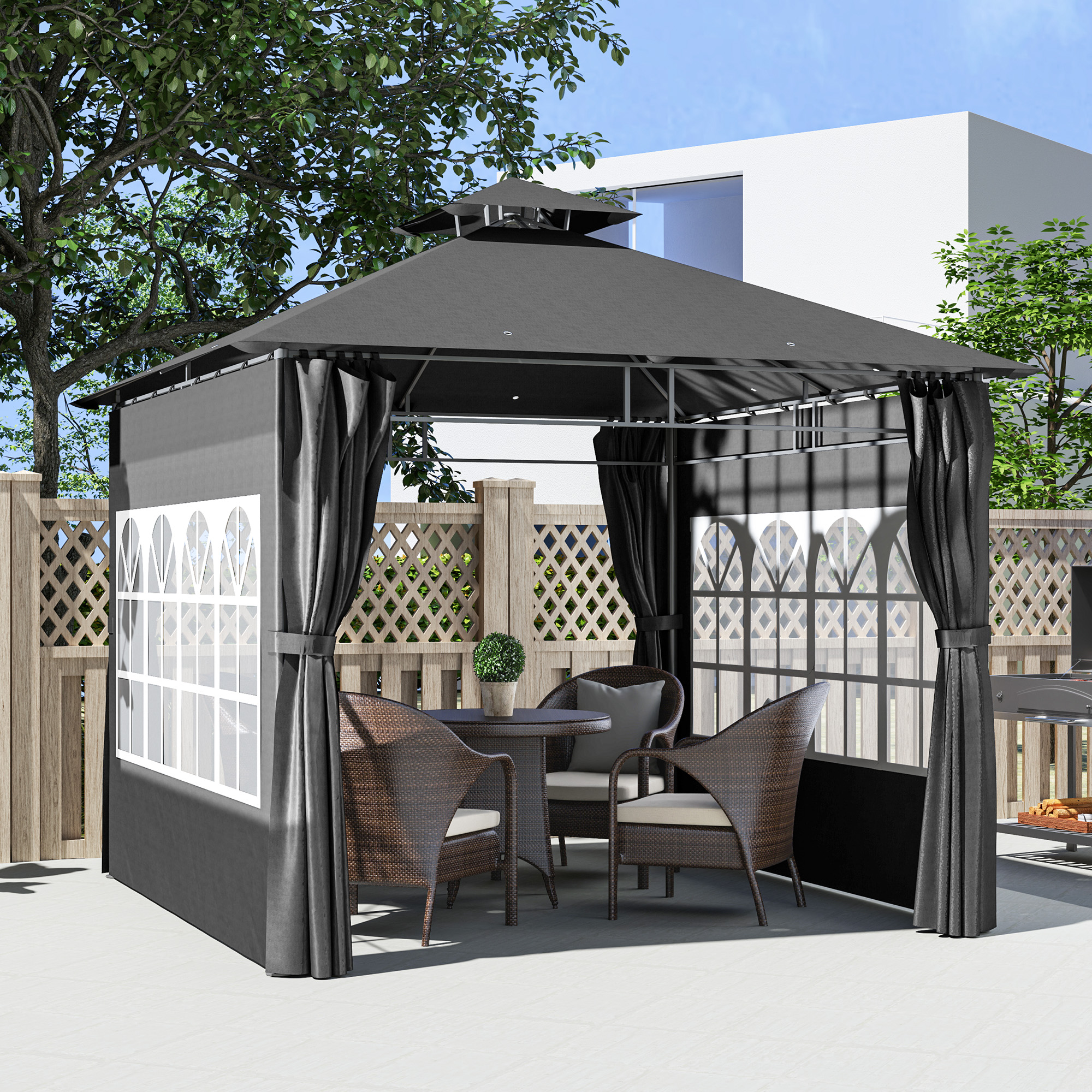 Outsunny 3 x 3 m Garden Gazebo, Double Roof Metal Gazebo with Removable Sidewalls and Church Windows, Outdoor Canopy Shelter, Dark Grey 2