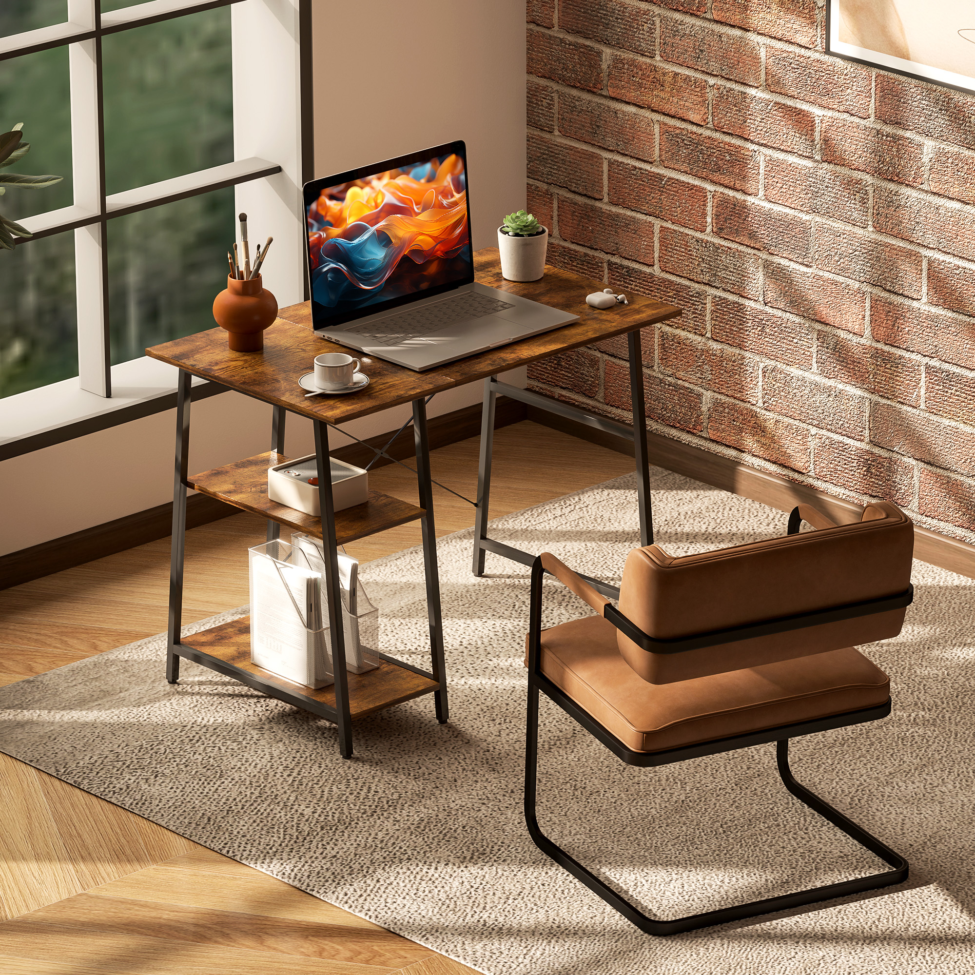 HOMCOM 100cm Computer Desk with Storage, Industrial Home Office Desk with 2 Tier Shelves and Steel Frame, Computer Table for Study Room, Rustic Brown 2