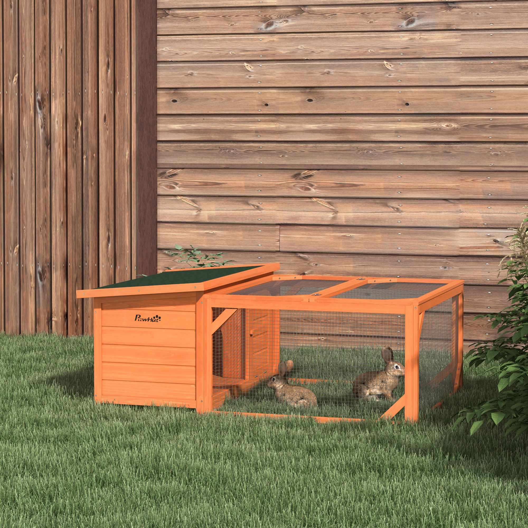 PawHut Rabbit Hutch Outdoor Guinea Pig Hutch with Run Small Animal Off-ground Duck House Hideaway Backyard with Openable Roof 125.5 x 100 x 49cm Orange 2