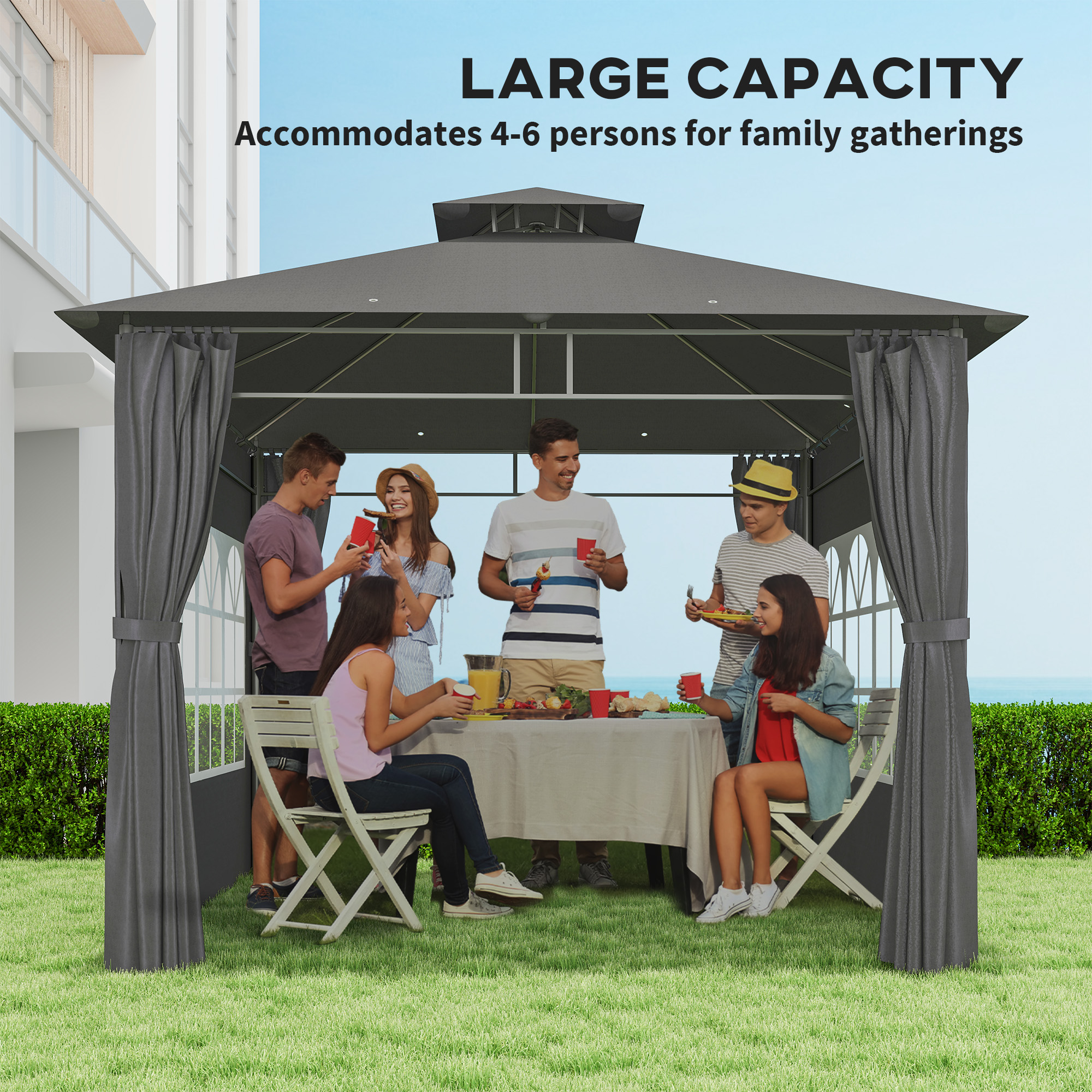 Outsunny 3 x 3 m Garden Gazebo, Double Roof Metal Gazebo with Removable Sidewalls and Church Windows, Outdoor Canopy Shelter, Dark Grey 4