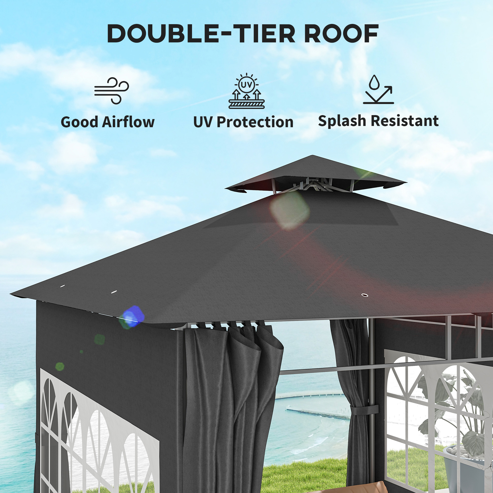 Outsunny 3 x 3 m Garden Gazebo, Double Roof Metal Gazebo with Removable Sidewalls and Church Windows, Outdoor Canopy Shelter, Dark Grey 5