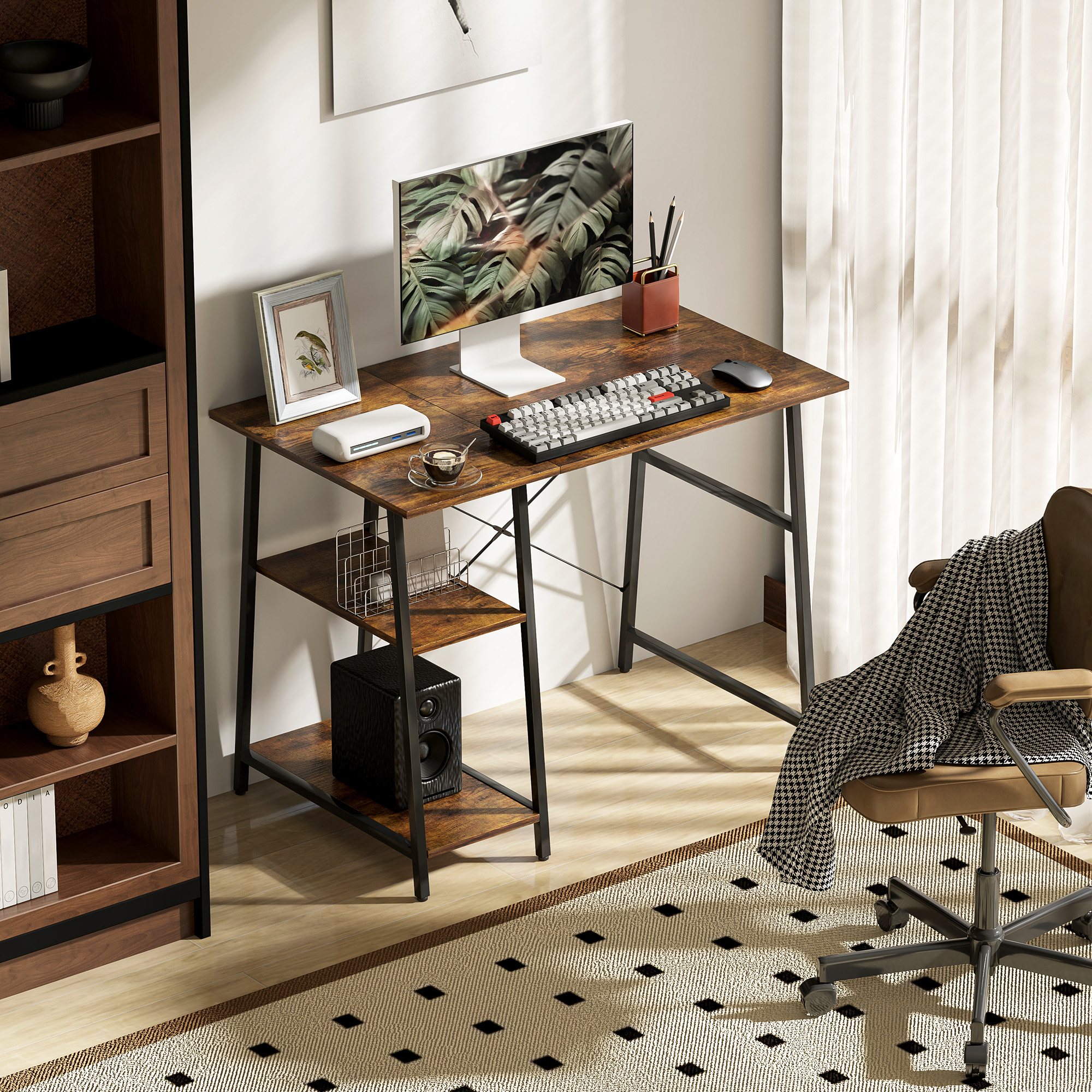 HOMCOM 100cm Computer Desk with Storage, Industrial Home Office Desk with 2 Tier Shelves and Steel Frame, Computer Table for Study Room, Rustic Brown 8