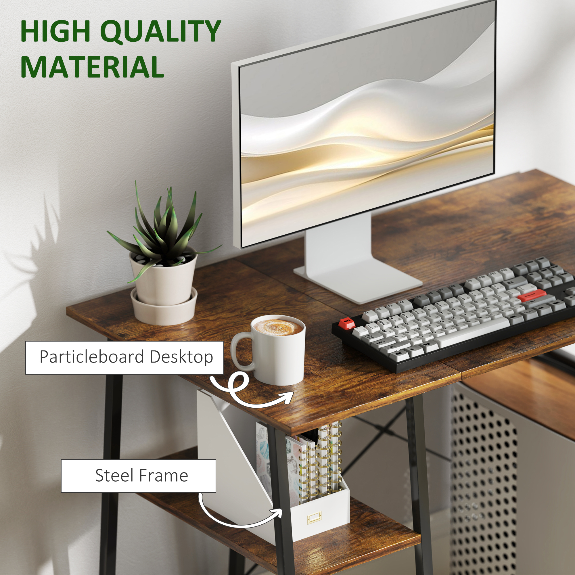 HOMCOM 100cm Computer Desk with Storage, Industrial Home Office Desk with 2 Tier Shelves and Steel Frame, Computer Table for Study Room, Rustic Brown 5