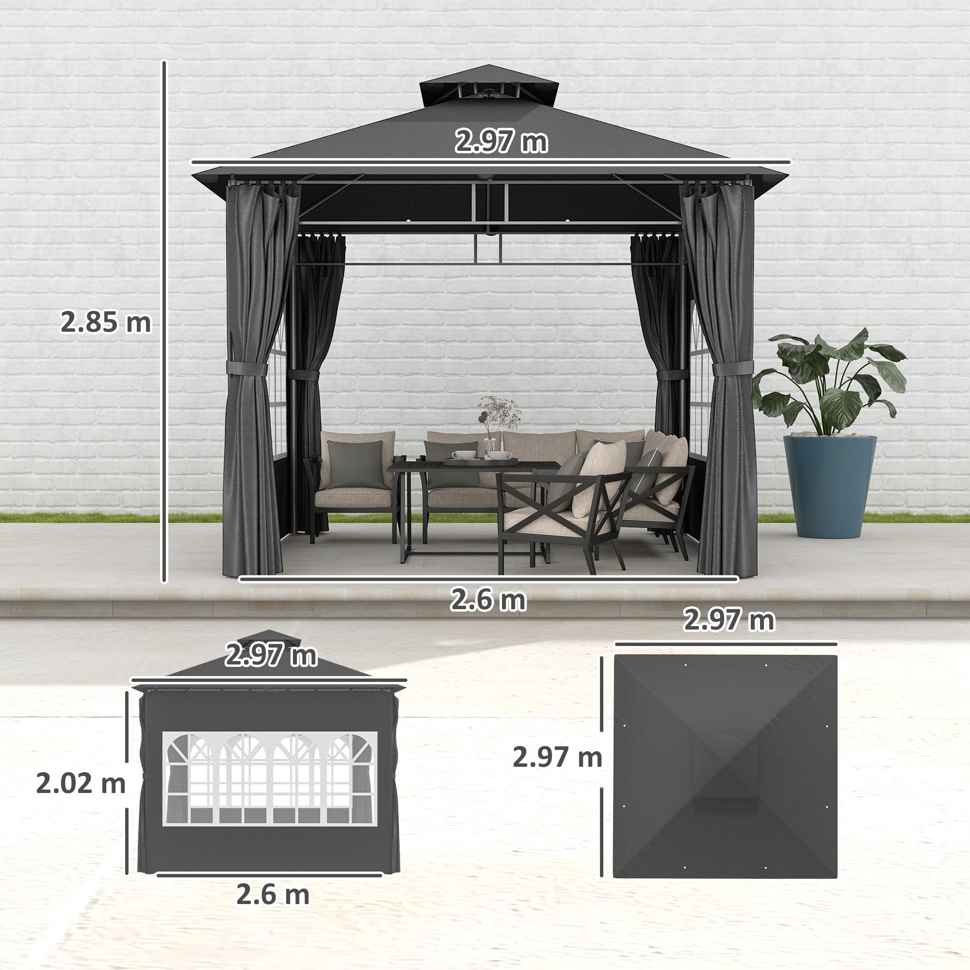 Outsunny 3 x 3 m Garden Gazebo, Double Roof Metal Gazebo with Removable Sidewalls and Church Windows, Outdoor Canopy Shelter, Dark Grey 3