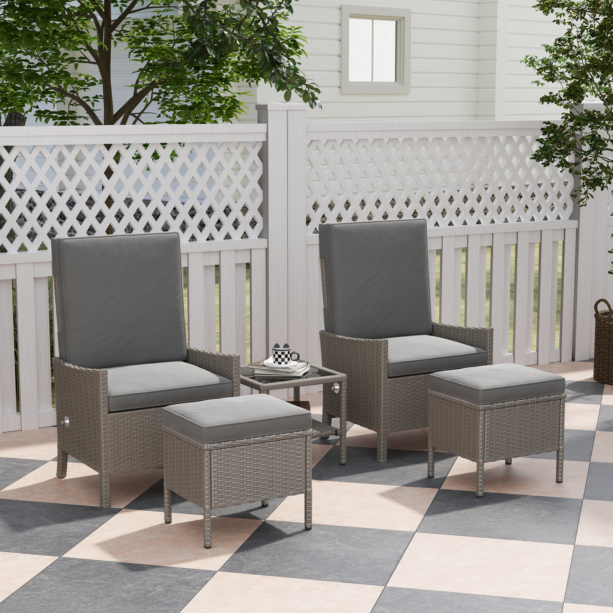 Outsunny 5 Piece Rattan Garden Furniture Set, Wicker Patio Sofa Set with 2 Armchairs, 2 Footstools, Glass Top Coffee Table with Shelf, Outdoor Furniture with Adjustable Backrests, Cushions, Dark Grey