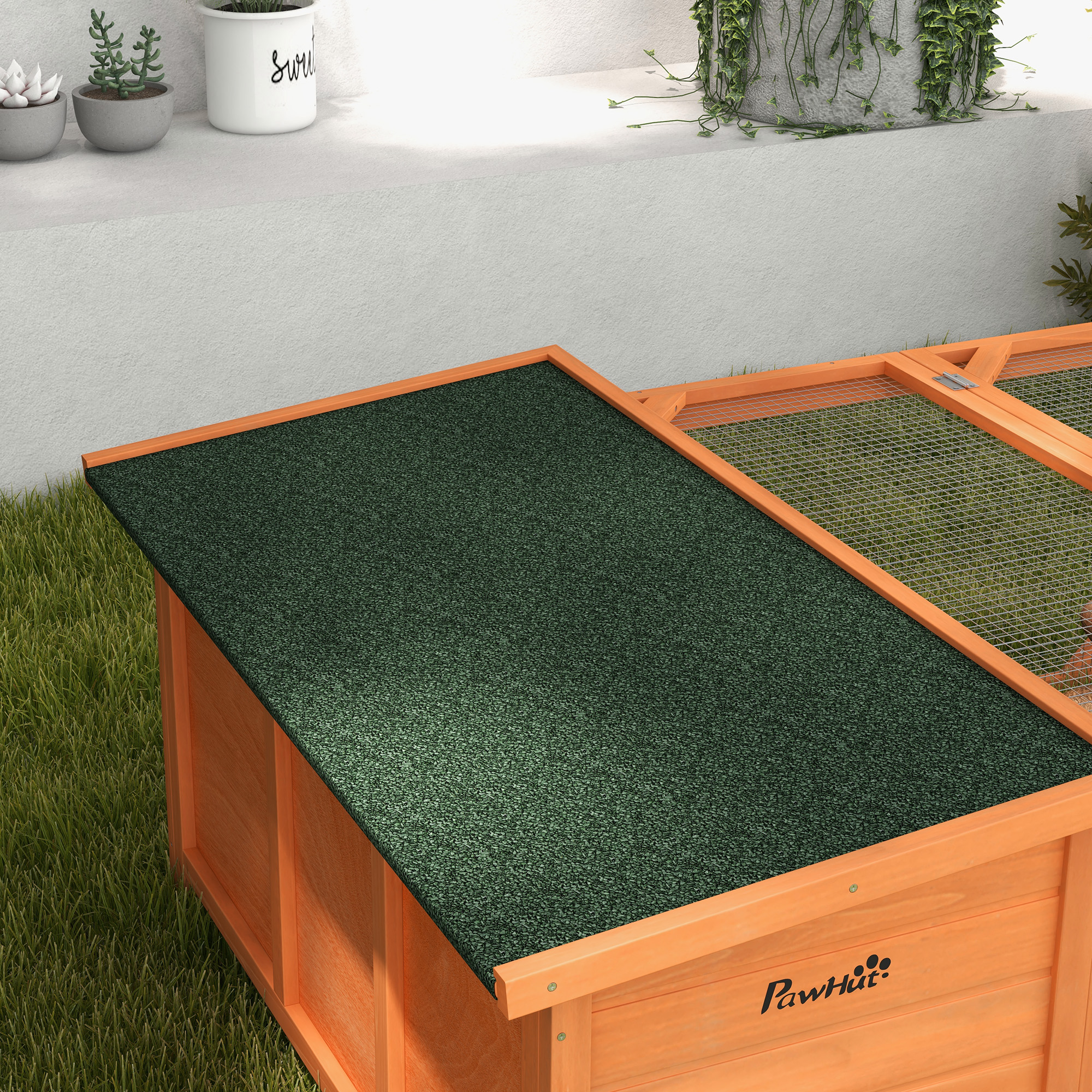 PawHut Rabbit Hutch Outdoor Guinea Pig Hutch with Run Small Animal Off-ground Duck House Hideaway Backyard with Openable Roof 125.5 x 100 x 49cm Orange 8