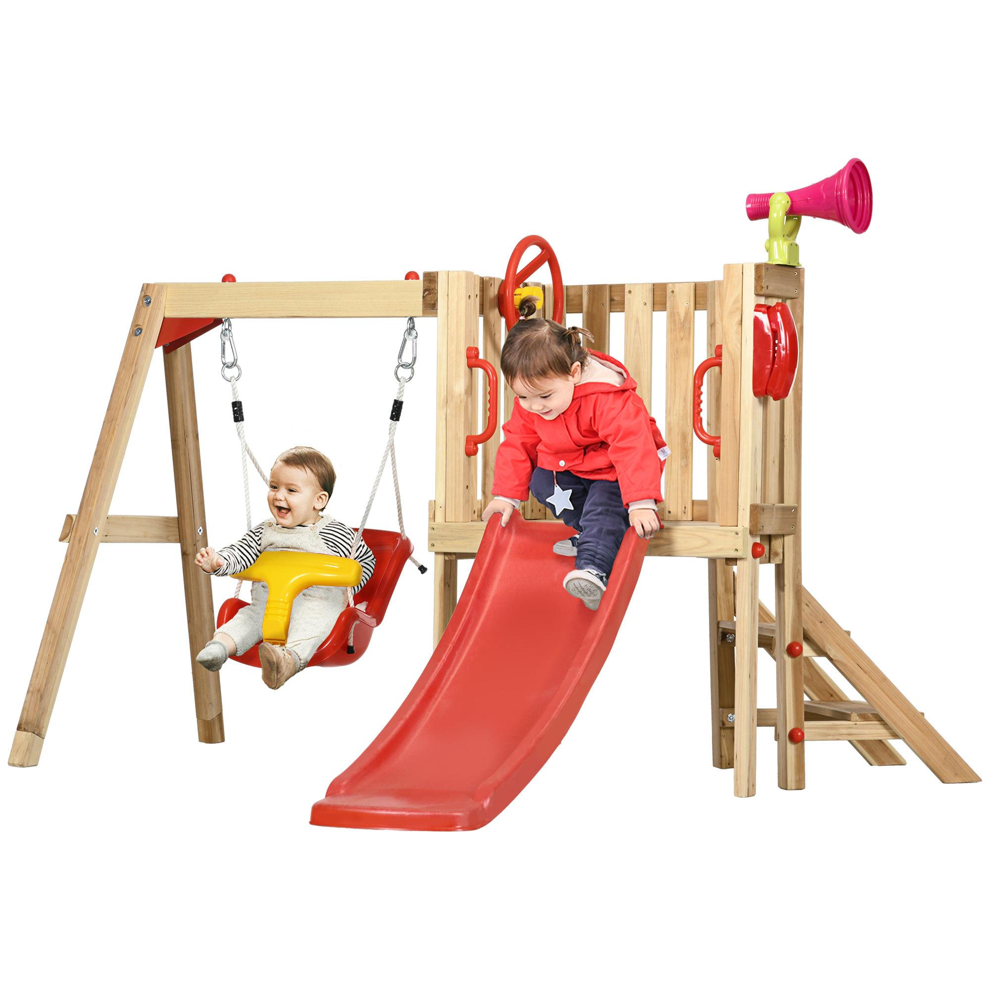 Outsunny Set de leagan si tobogan 4 in 1, Set de leagan pentru copii cu scaun de leagan, tobogan, volan, claxon | Aosom Romania