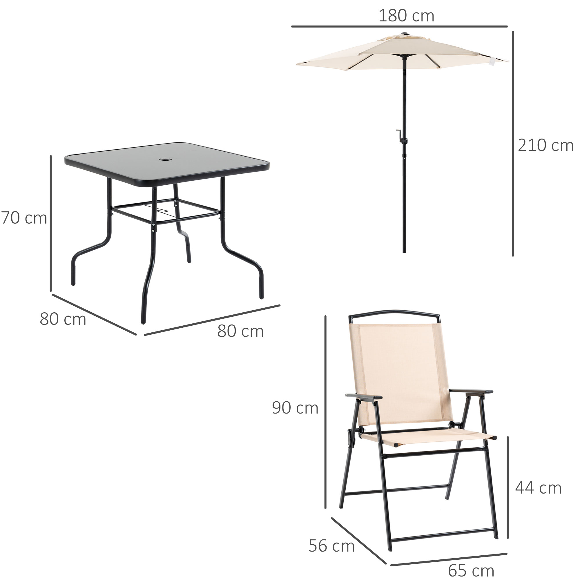 Conjunto Mesa Y Sillas De Terraza 4 Piezas - Mesa Con Vidrio, 2 Sillas Plegables, Sombrilla, Color Beige