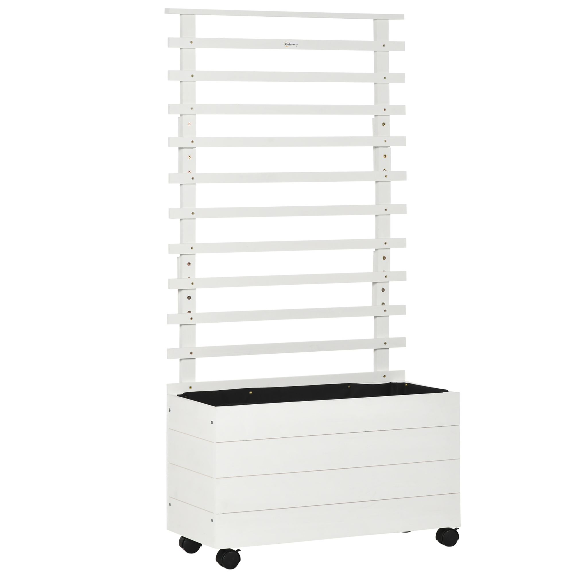 Outsunny Jardinera con Enrejado de Madera Maciza Soporte con 4 Ruedas Celosía y Malla Geotextil 76x30x155 cm Blanco | Aosom España
