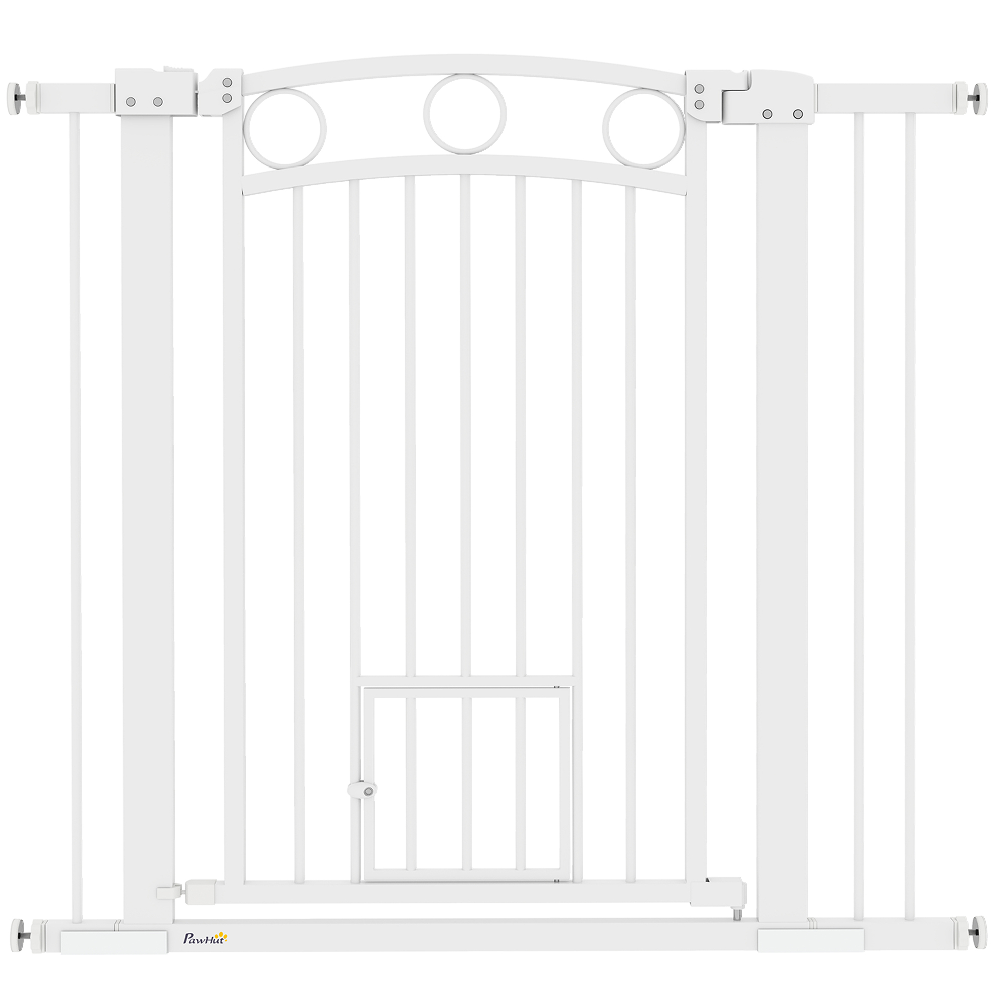 PawHut 77cm Tall Dog Gate with Cat Door, 7cm and 14cm Extensions, for Stairs, Doorways, 76-104cm Width