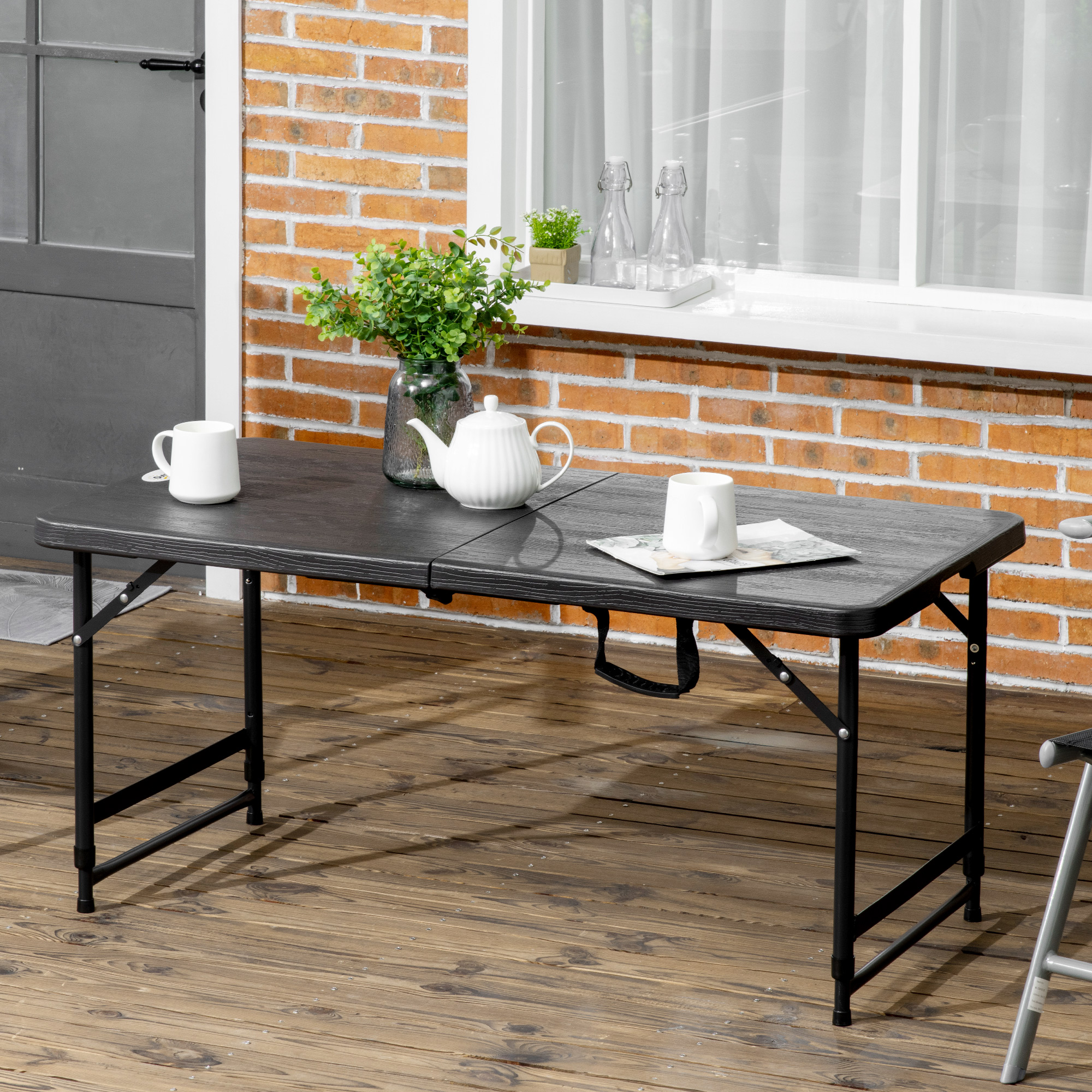 Mesa De Jardín Outsunny Para 4 Personas - Aluminio, Tablero Efecto Madera, 78x78x74 Cm, Negro, Resistente A La Intemperie