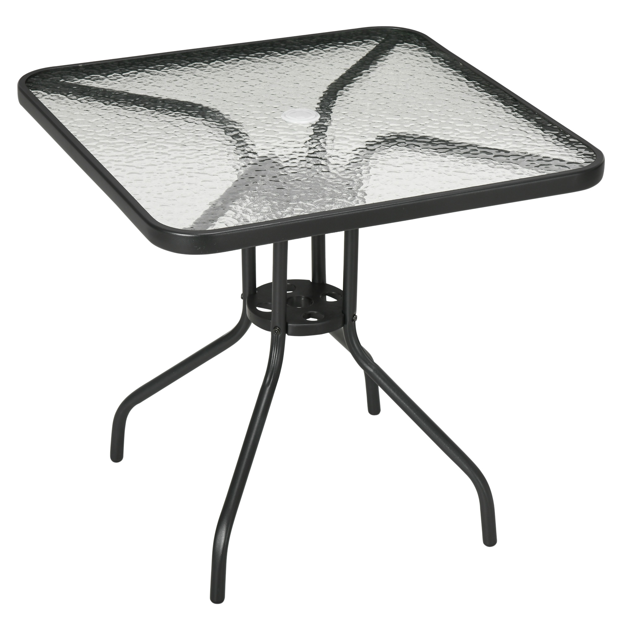 Outsunny Mesa de Jardín Cuadrada 76x76x72 cm con Agujero para Sombrilla y Encimera de Vidrio Templado para Patio Terraza Negro   Aosom España