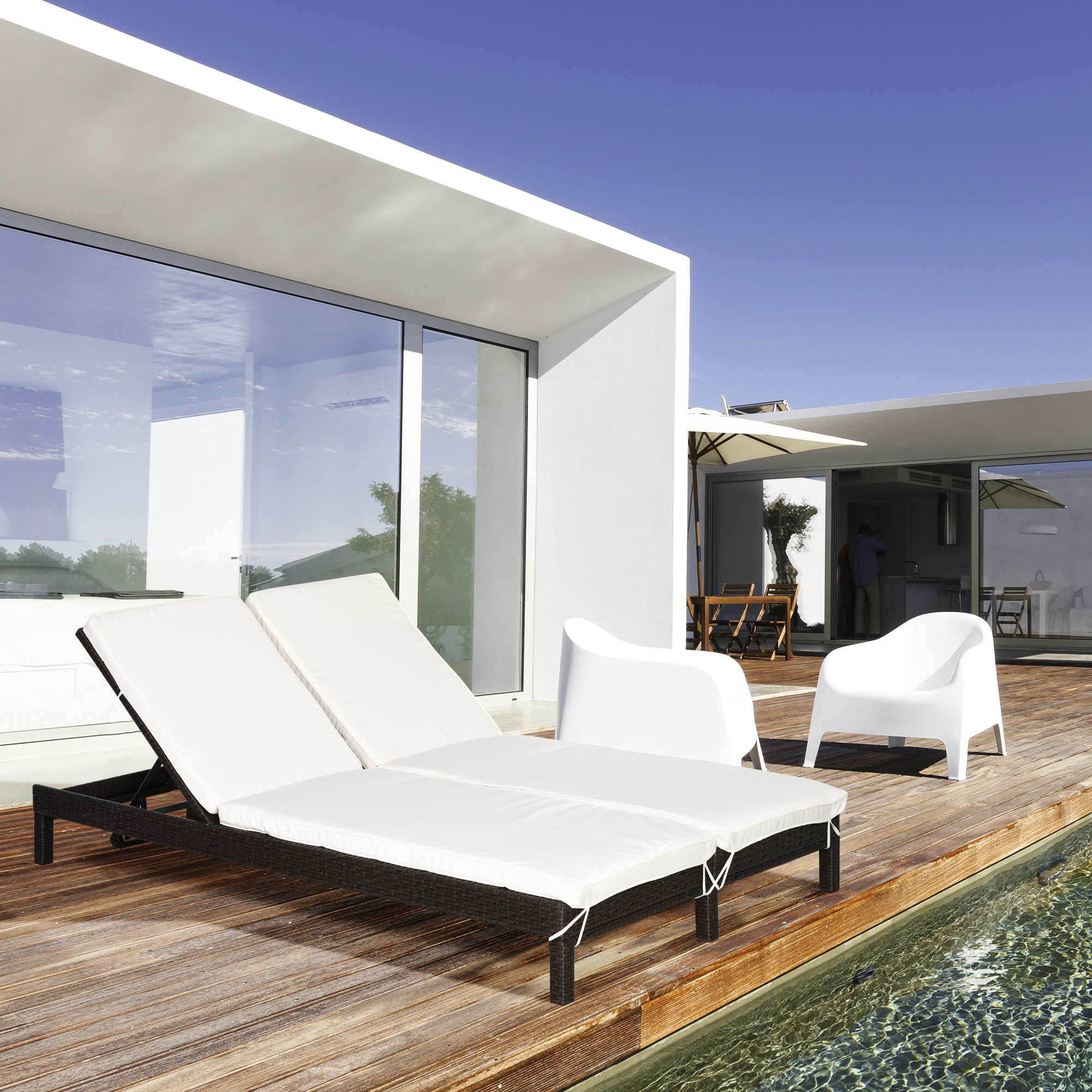  Sezlong cu 2 Locuri din PE Ratan Maro cu Saltea Alba 195 x 120 x 28 cm [1]