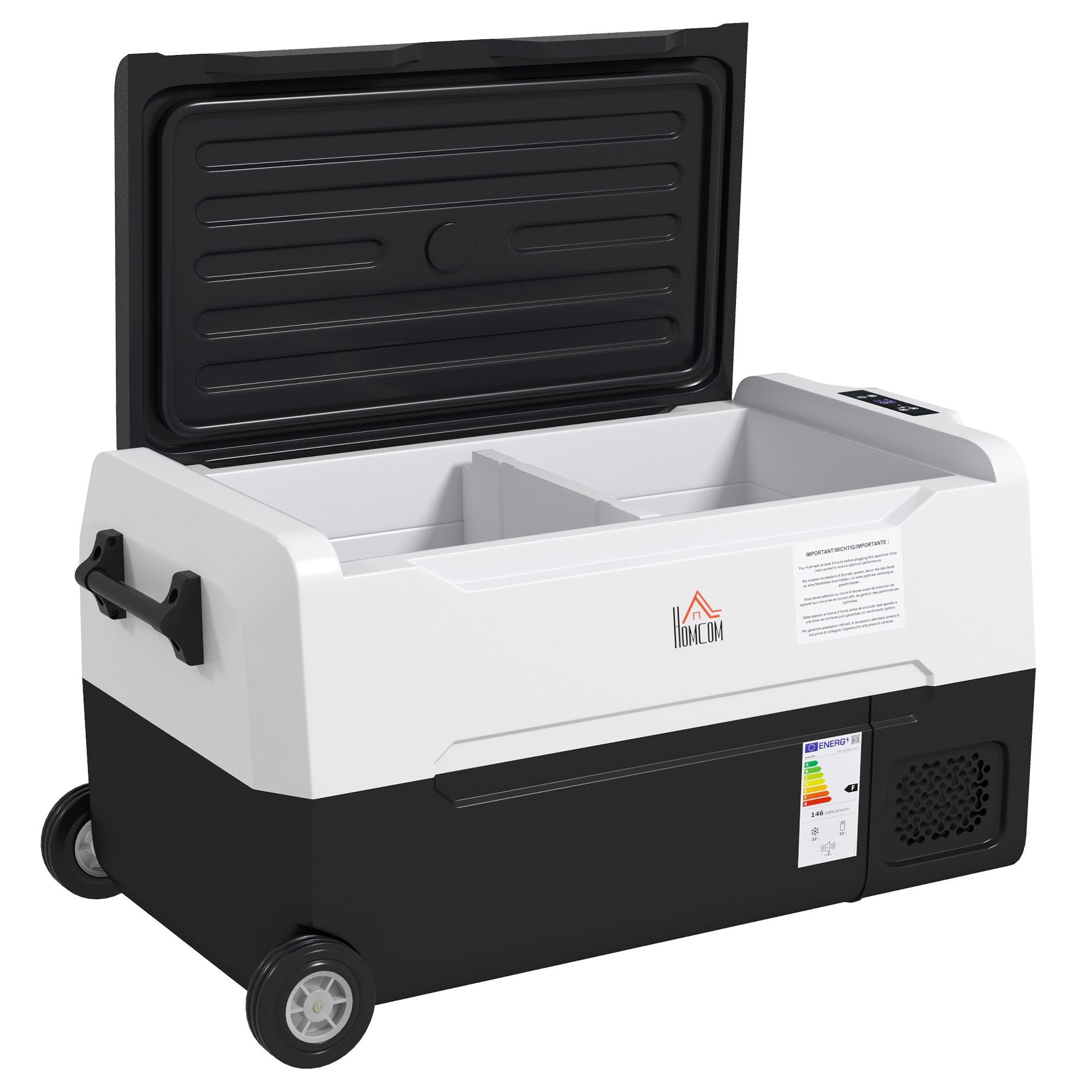 HOMCOM Nevera Portátil Eléctrica 30,5L -20℃ 12/24V DC y 100-240V CA con 2 Ruedas y Compartimento Congelador 72,6x39x37,3 cm Negro | Aosom España