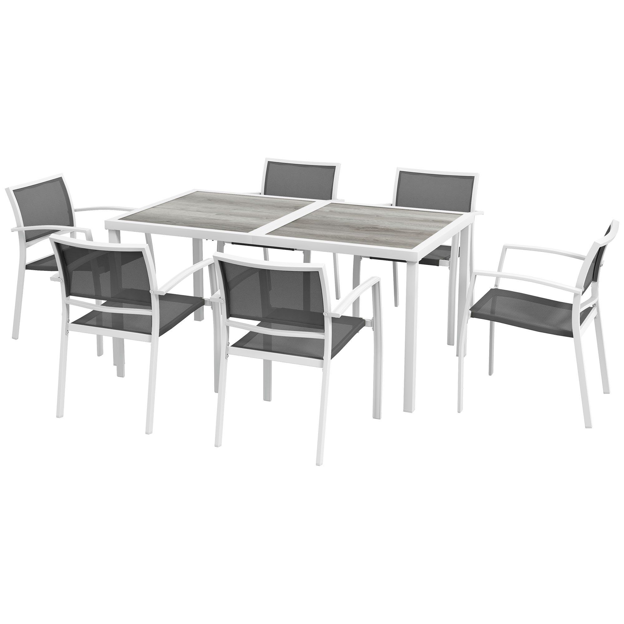 Outsunny Juego Comedor Exterior 7 Piezas Mesa 6 Sillas Apilables Moderno Terraza Patio Blanco Gris Resistente   Aosom España