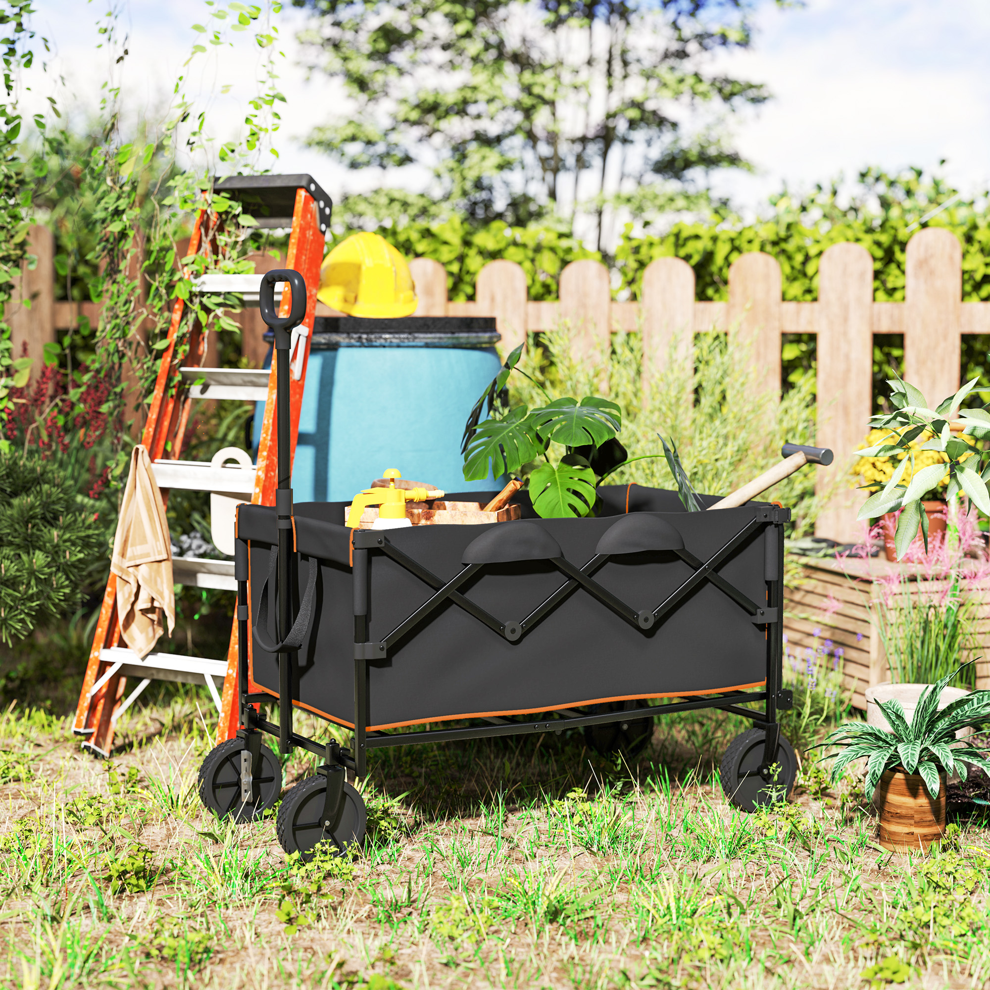 Outsunny 160L Festival Trolley on Wheels, Folding Camping Trolley Cart w/ Tailgate, 100kg Heavy Duty Garden Collapsible Folding Wagon w/Adjustable Handle, Carry Bag for Beach Picnic, Black and Orange