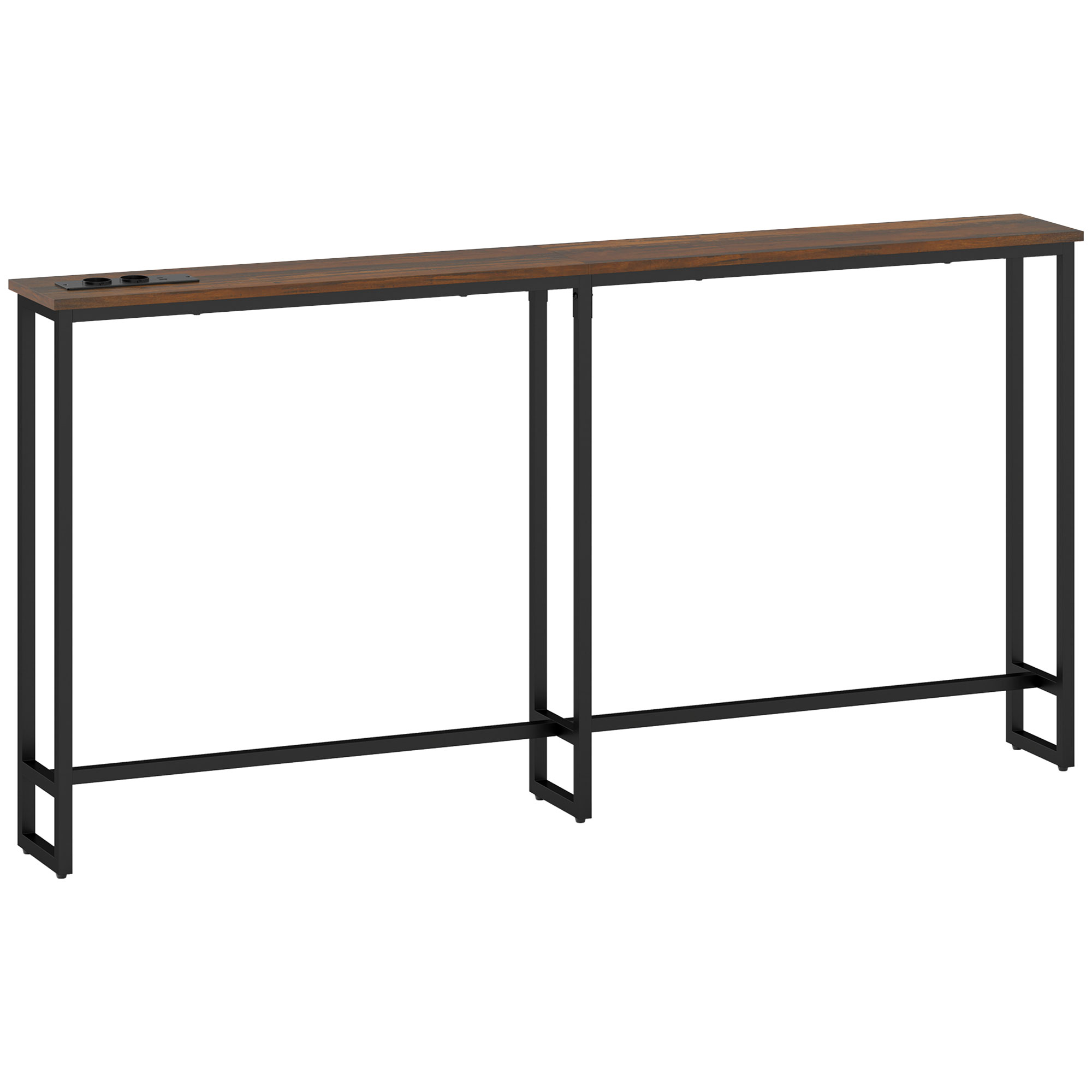 HOMCOM Mesa Consola Estrecha con Estación de Carga Diseño Industrial Estructura de Acero 160x20x80 cm Marrón Rústico