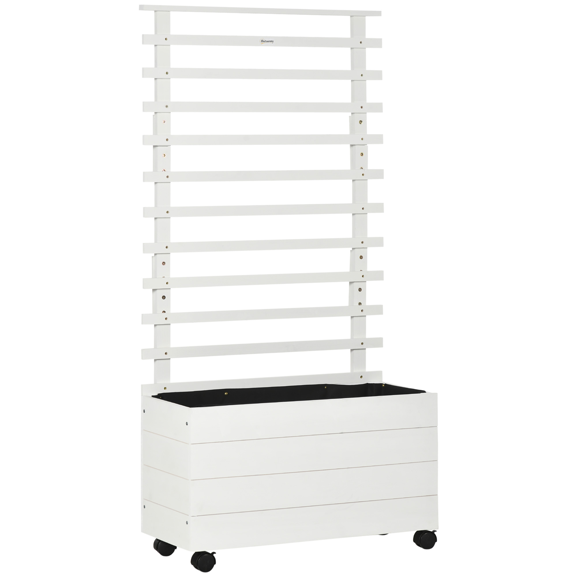 Outsunny Jardinera con Enrejado de Madera Maciza Soporte con 4 Ruedas Celosía y Malla Geotextil 76x30x155 cm Blanco   Aosom España