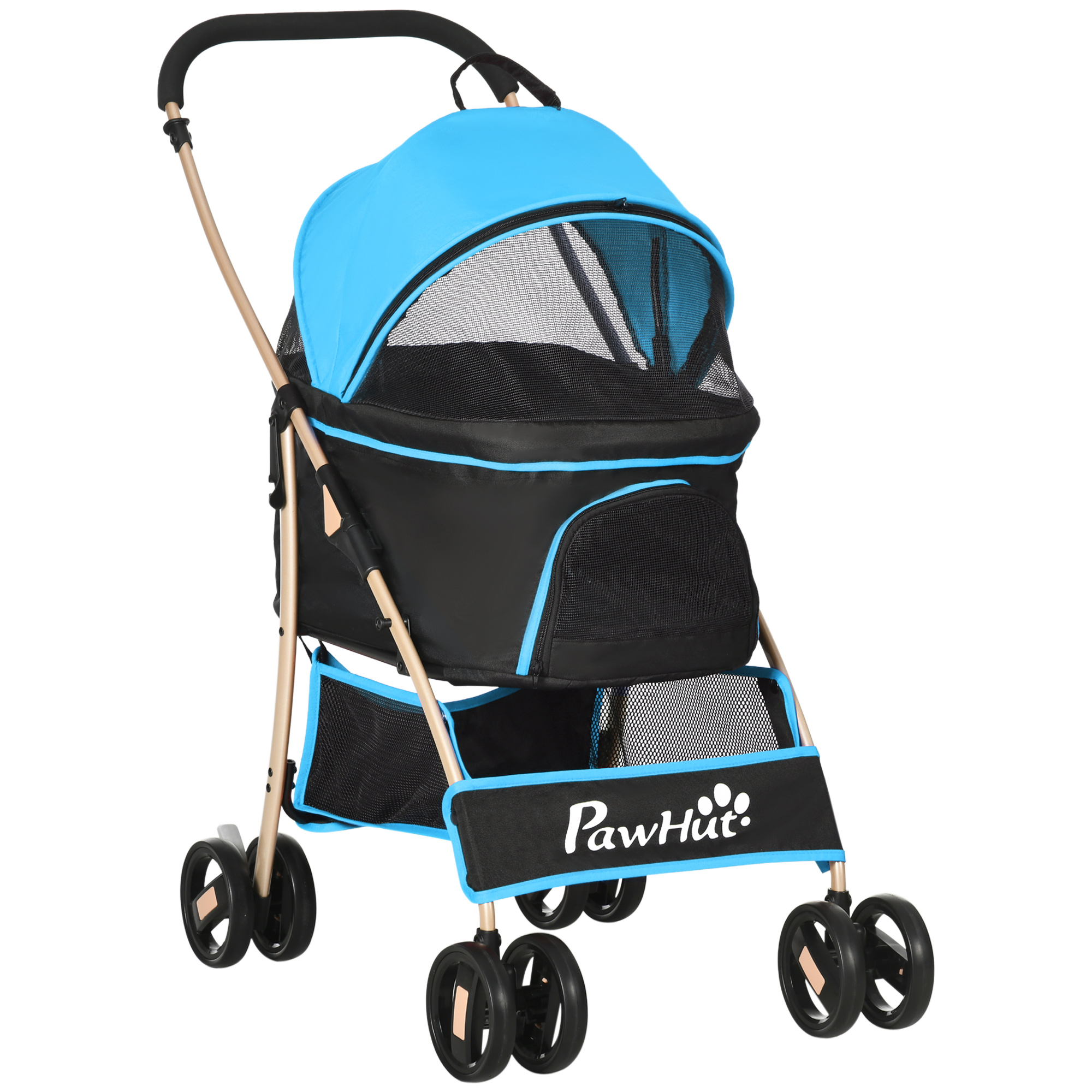 PawHut Cochecito 3 en 1 para Mascotas Carrito para Perros y Gatos con Cesta de Almacenaje Plegable Carga 15 kg 82x49,5x98 cm Azul | Aosom España