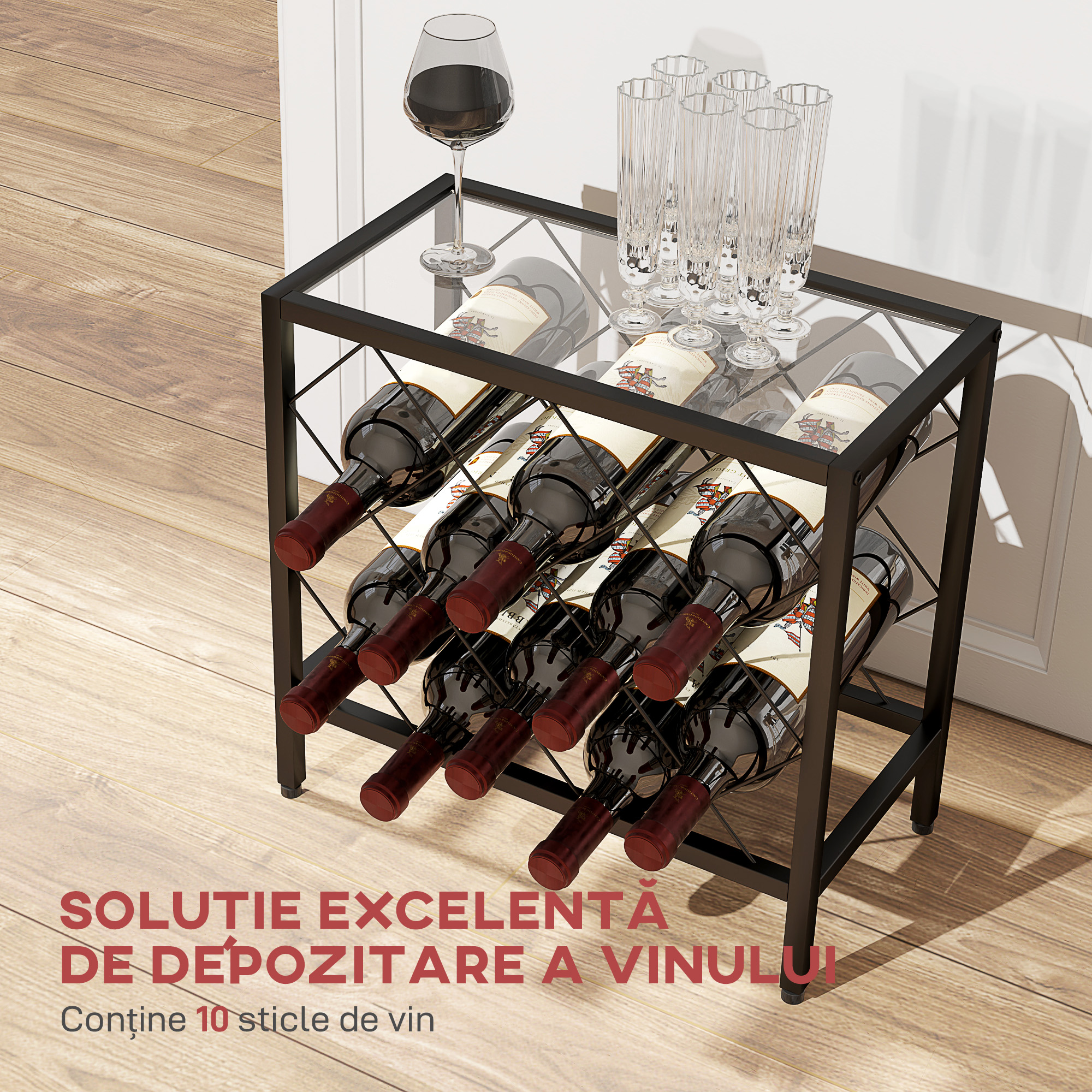  Suport pentru Sticle de Vin cu Blat din Sticla Securizata si Cadru din Otel, 41x22x41 cm, Negru [3]