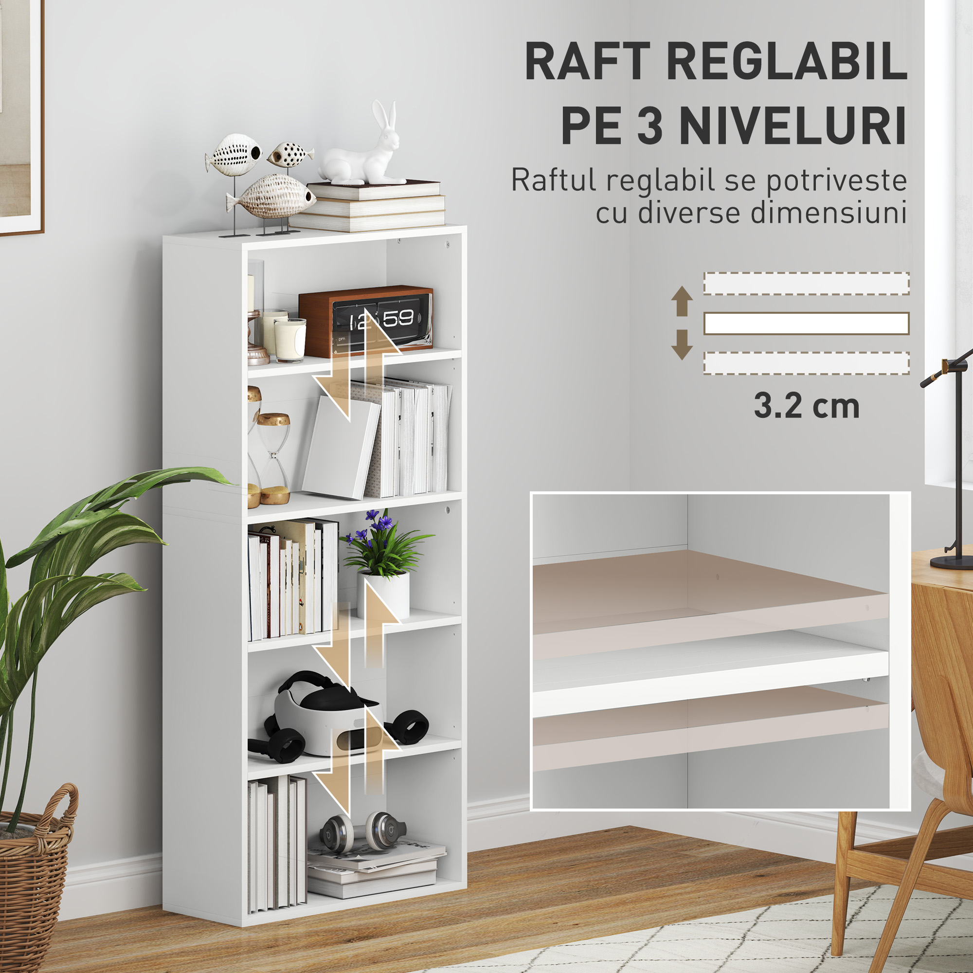  Biblioteca cu 5 Niveluri si Rafturi Ajustabile, 60x24x133,5 cm, Alb [4]